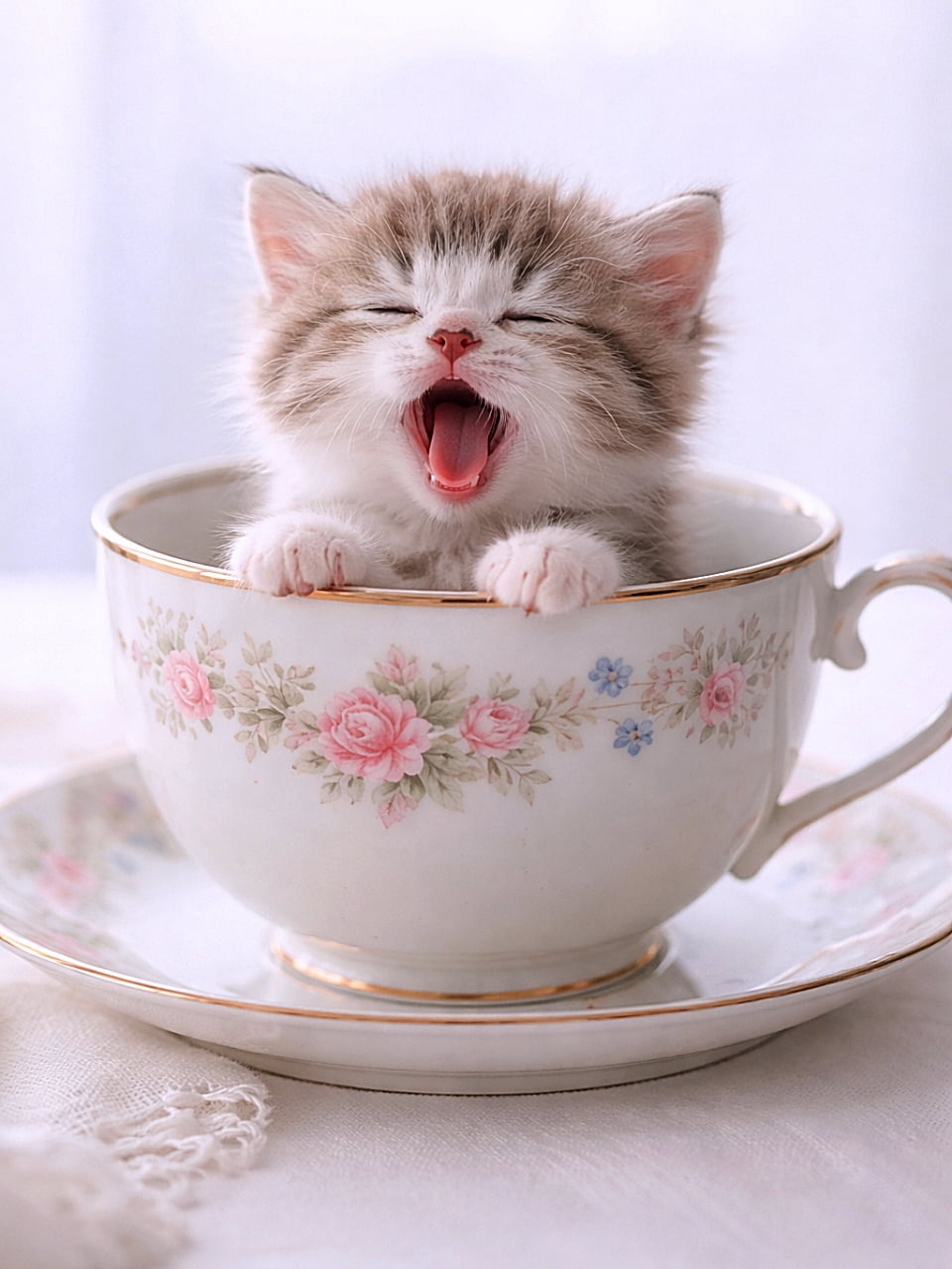 「ティーカップから「おはよう」。世界一かわいい目覚まし、ここに誕生☕🐱」A tiny kitten peeking out from a porcelain teacup, letting out a gentle yawn against a clean white background. 大きな磁器のティーカップから顔を出し、可愛くあくびをする小さな子猫