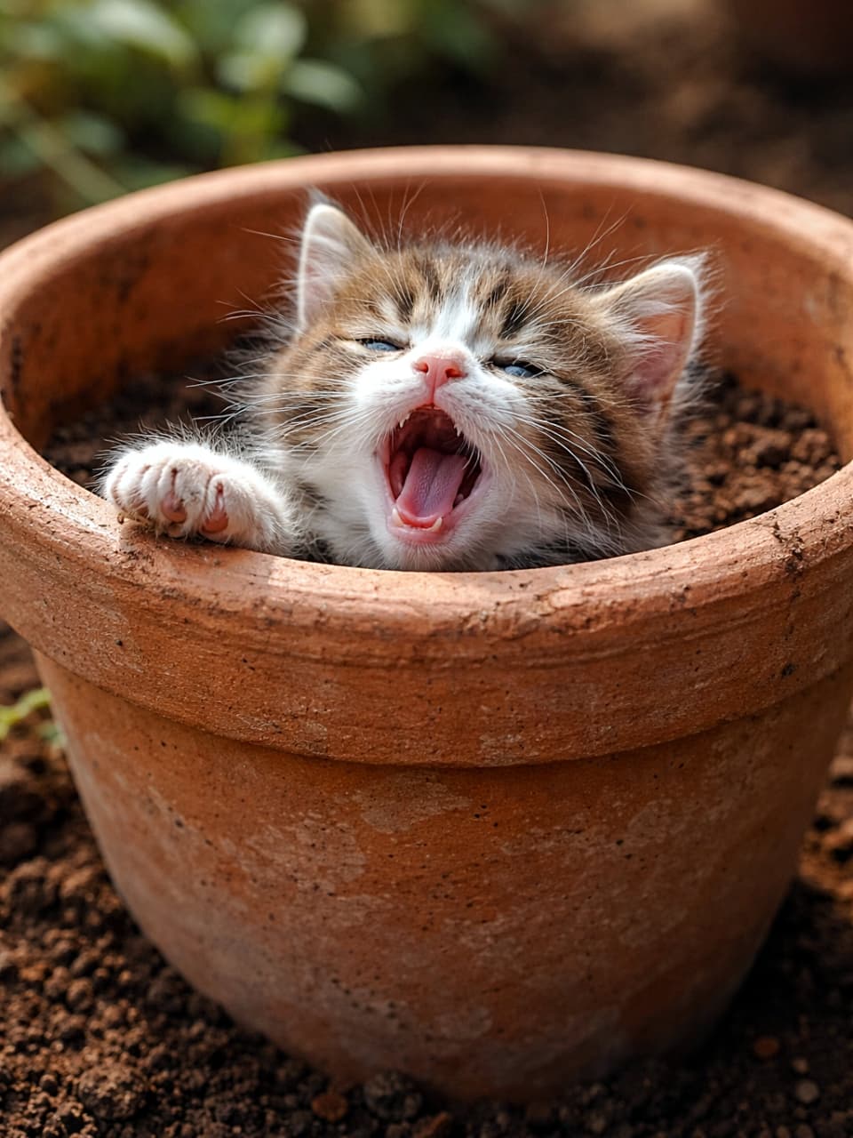 「まさかの植木鉢から、おはよう世界!寝起きの大あくびが可愛すぎる子猫です🐾」A tiny kitten waking up inside a terracotta flower pot, stretching and yawning, with natural clay and soil textures in soft daylight. テラコッタの植木鉢の中で目を覚まし、伸びをしながら大きなあくびをする小さな子猫。素焼きの土と自然光の質感が伝わる写真