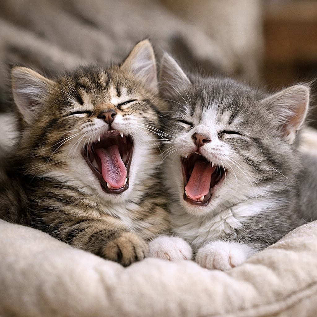 「つられてあくび…😴眠気までシンクロする、なかよし子猫コンビの尊い瞬間🐾✨」Two kittens cuddled together on a soft cushion, yawning at the same time in a heartwarming moment of shared sleepiness. 柔らかなクッションの上で寄り添い、同時に大きなあくびをする2匹の子猫の心温まる瞬間