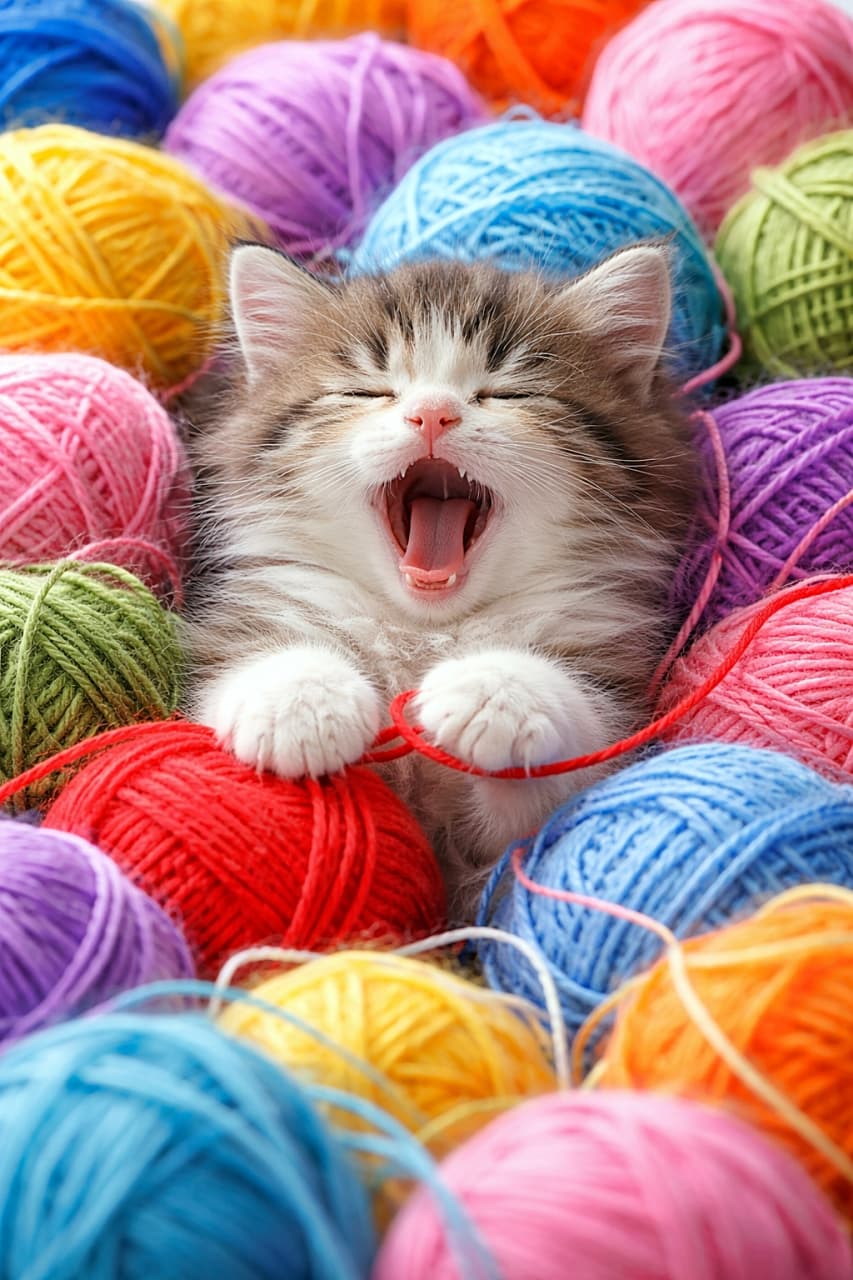 「毛糸の海で大あくび。遊び疲れて夢の世界へダイブ寸前の子猫です🧶😴」A yawning kitten half-buried in colorful yarn balls, resting its paws on a red thread, with vibrant colors and sharp textures. 色とりどりの毛糸玉に半分埋もれ、赤い糸に前足を乗せて大きくあくびをする子猫