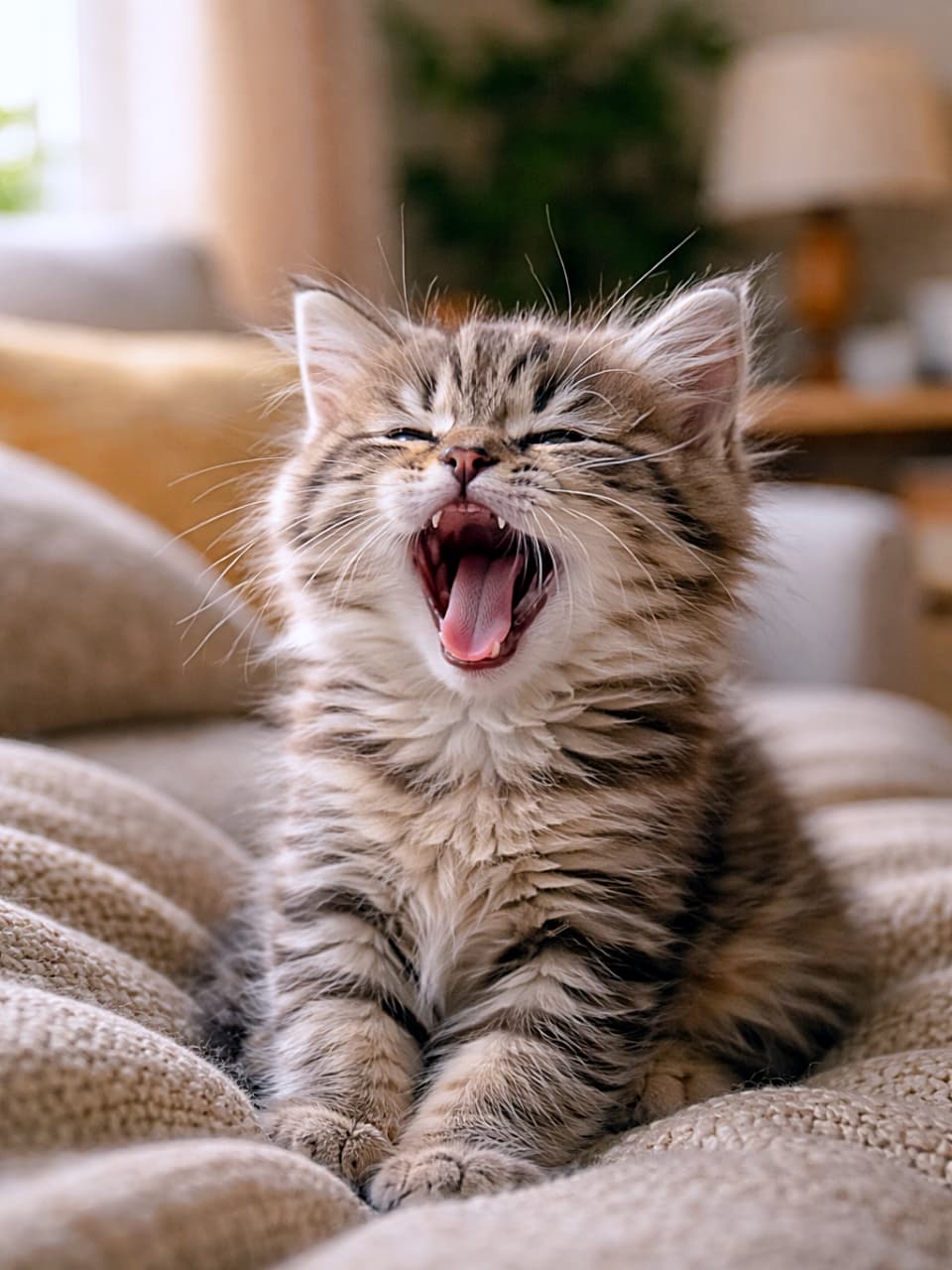 「大あくび全開!ぬくぬくリビングで眠気と戦う子猫の、たまらない瞬間🐾」A photorealistic yawning kitten with its mouth wide open, sitting on a soft blanket in a cozy living room. 居心地のよいリビングで、柔らかなブランケットの上に座り、大きくあくびをする子猫のフォトリアルな写真