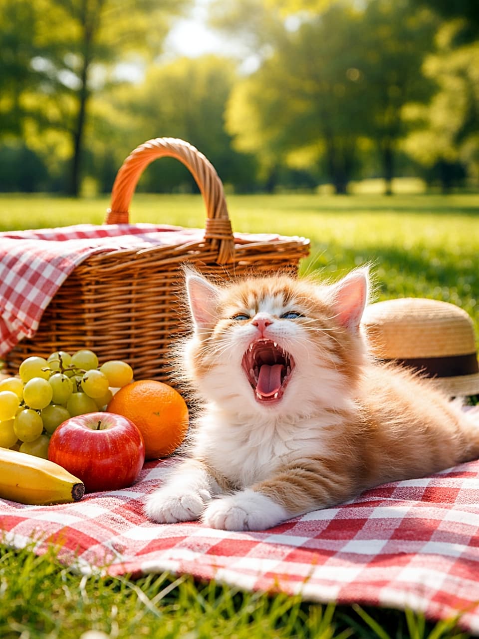 「ぽかぽか公園で大あくび♪ピクニック気分のにゃんこ日和🐾」A fluffy orange and white kitten yawning while lying on a red-and-white checkered picnic blanket in a sunny park, with a wicker basket and fresh fruit beside it. 晴れた公園で赤白のチェック柄ピクニックブランケットの上に寝そべり、大あくびをする茶白の子猫。隣にはウィッカーバスケットとフルーツが置かれている