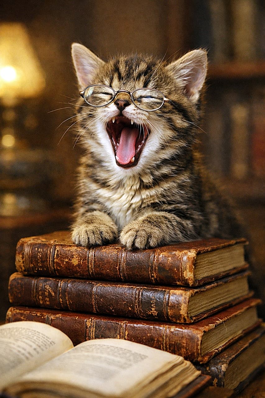 「難しすぎる本に思わず大あくび。知性派にゃんこの読書タイム、限界です」A clever-looking kitten wearing tiny glasses, yawning while sitting on a stack of old leather-bound books in warm indoor light. 小さなメガネをかけた賢そうな子猫が、革装丁の古書の上で大きなあくびをしている様子