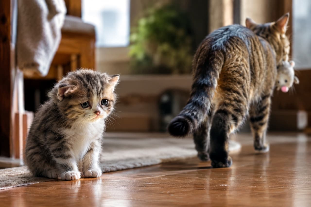 「お、お兄ちゃん、そのおもちゃボクの……🐾背中で語る大猫と、切なすぎる子猫の表情に共感が止まらない🐈✨」Ultra-realistic high-quality photograph of two tabby cats. In the foreground left, a fluffy Scottish Fold-type kitten sits with a truly heartbroken, tearful expression, its eyes wide with sadness. In the background right, a larger brown tabby cat is walking away, carrying a plush mouse toy in its mouth, showing only its back. Soft natural light illuminates the hardwood floor, highlighting the textures of their fur and the kitten's poignant face against a blurred living room background. 暖かな自然光が差し込む室内のフローリングで撮影された、2匹のキジトラ柄の猫のシネマティックな一枚。手前左側には、スコティッシュフォールドを思わせる丸みのある顔立ちの子猫が、眉を寄せ、潤んだような大きな瞳でひどく悲しげな表情を浮かべてちょこんと座っている。右側奥では、より大きく、成長したキジトラ猫が、子猫が遊んでいたであろうぬいぐるみのマウスのおもちゃを口にくわえ、背を向けて悠々と歩き去っていく後ろ姿が捉えられている。床の木目、2匹の猫の異なる被毛の質感、子猫の健気な表情が、被写界深度の浅い8k高画質で鮮明に描写されている