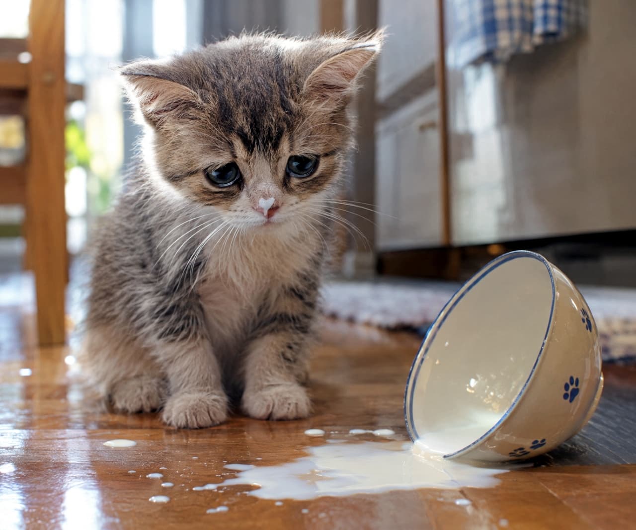 「あちゃ〜やってしまった……🐾お鼻にミルクがついたまま、反省中の顔に怒る気も吹き飛んじゃうね✨」Ultra-realistic high-quality photograph of a clumsy, fluffy tabby kitten sitting next to a tipped-over bowl of spilled milk on a kitchen floor. The kitten looks up with a guilty and sad expression, featuring a tiny drop of white milk on its nose, captured in cinematic soft lighting against a warm home background. キッチンのフローリング床に倒れたお椀から白いミルクがこぼれ出す中、その横にちょこんと座り、眉をひそめて申し訳なさそうな悲しい表情を浮かべるキジトラ柄の幼い子猫。鼻の頭には白いミルクのしずくがちょこんとついており、垂れ下がった耳や潤んだ瞳、ふわふわとした繊細な毛並みがリアルに描写されている。バックのキッチンには自然光が柔らかく差し込み、ドラマチックでエモーショナルな空気感を演出