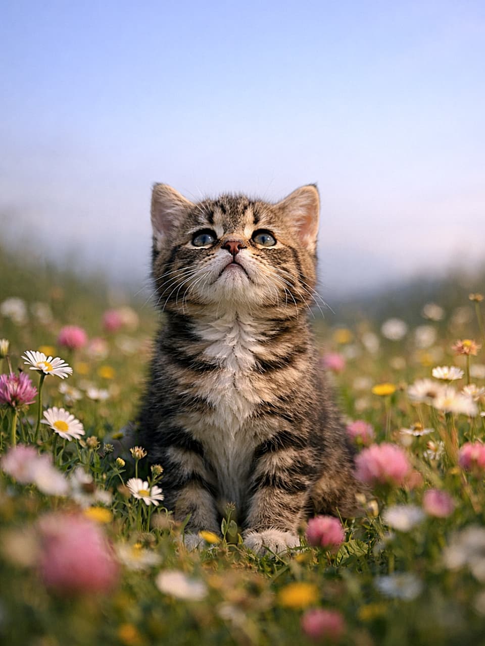 「「さっきまでここにいたのに…！」蝶を追いかけた子猫、空を見上げてちょっぴりしょんぼり。花畑の真ん中で、小さな冒険はひと休み🐾🌼」A disappointed kitten sitting in a colorful flower field, looking up at the empty sky after the butterfly it was chasing flew away. 花畑に座り、追いかけていた蝶が飛び去った空を少し残念そうに見上げる子猫