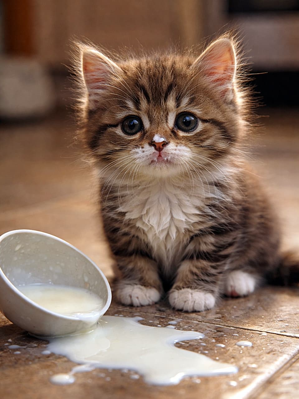 「やっちゃったにゃ…鼻先ミルクで反省中の子猫ちゃん🍼」A clumsy tabby kitten with a guilty, sad expression sits on a kitchen floor beside a spilled bowl of milk, with a few drops of milk on its nose in warm cinematic lighting. キッチンの床にこぼれたミルクの横で、鼻先にミルクをつけたまま、申し訳なさそうな表情で座る子猫