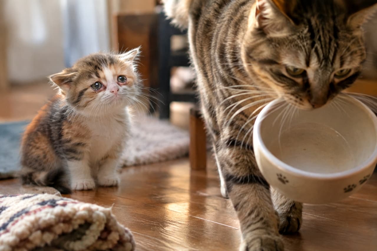 「ごはんごと持ってかれちゃったの……🐾悲しすぎる子猫の涙目と大きなお兄ちゃん猫のコントラストに釘付け！✨」Ultra-realistic high-quality photograph of two cats. On the right foreground, a larger tabby cat carries an empty white ceramic food bowl in its mouth, walking away. On the left background, a tiny calico-tabby kitten sits looking up with wide, heartbroken, tearful eyes in disbelief. Soft natural light reflects on the wooden floor, highlighting the fine fur textures and the poignant emotional scene. 室内で撮影された合計2匹の猫によるシネマティックな光景。手前右側には、空になった白い陶器フードボウルを口にくわえて悠々と立ち去ろうとする大柄なキジトラ猫の位置関係。左側奥には、その様子をウルウルと潤んだ大きな瞳と悲しげな表情で見上げている、三毛（キャリコ）模様が入った小さなスコティッシュフォールド風の子猫がちょこんと座っている。フローリングに反射する柔らかい自然光、被毛の細かい質感、切なげな子猫の表情がリアルかつ鮮明に描かれている