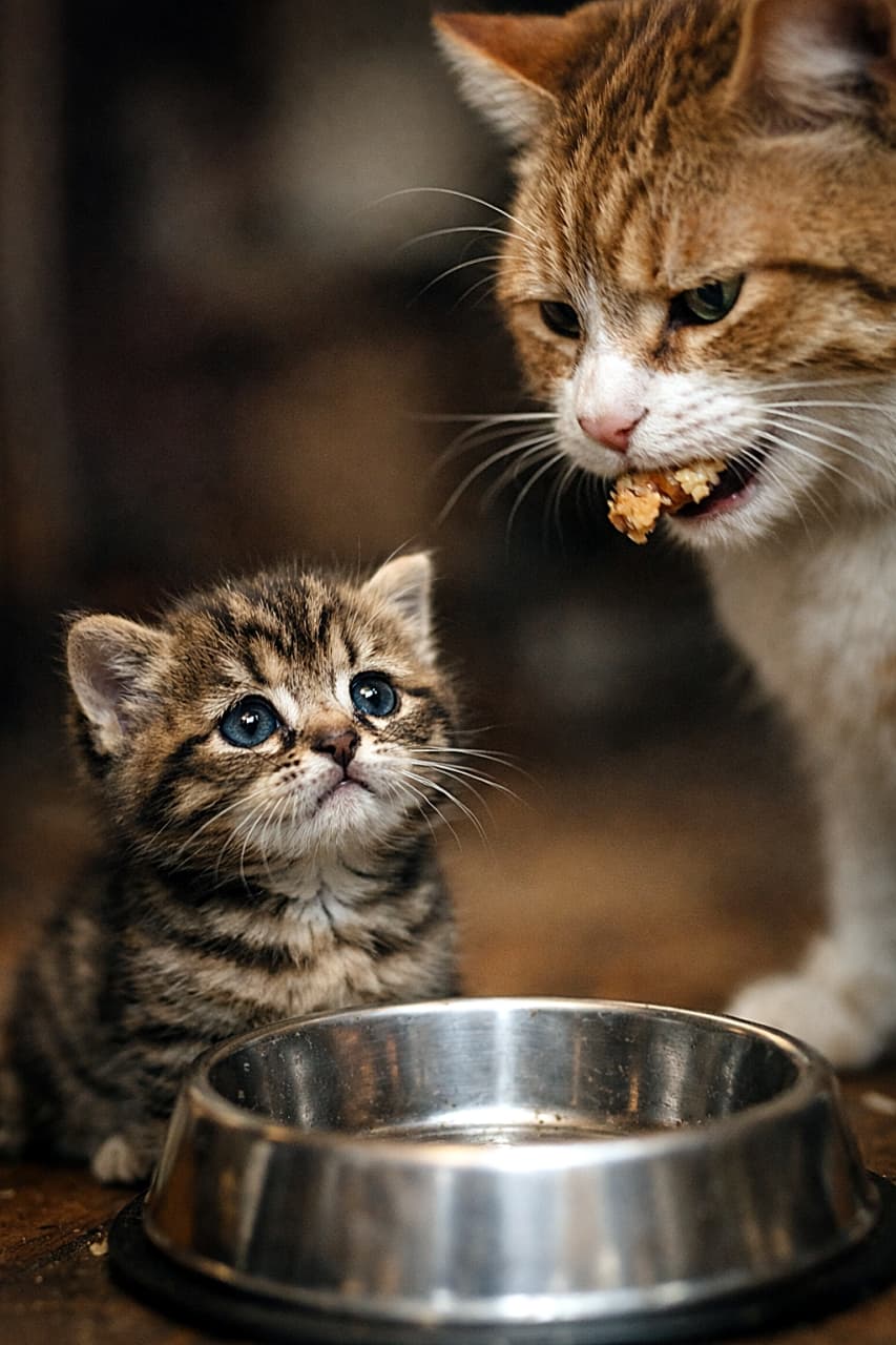 「「ぼくのごはん…どこいったにゃ？」空っぽボウルと切な顔🐾」A tiny kitten looks up with a heartbroken expression at a larger cat that has just stolen its food, while the metal bowl in front of the kitten sits empty. Photorealistic, cinematic lighting, emotional scene. 大きな猫にごはんを取られ、空になったボウルの前で切なそうに見上げる小さな子猫の写真。シネマティックな光で感情的な雰囲気