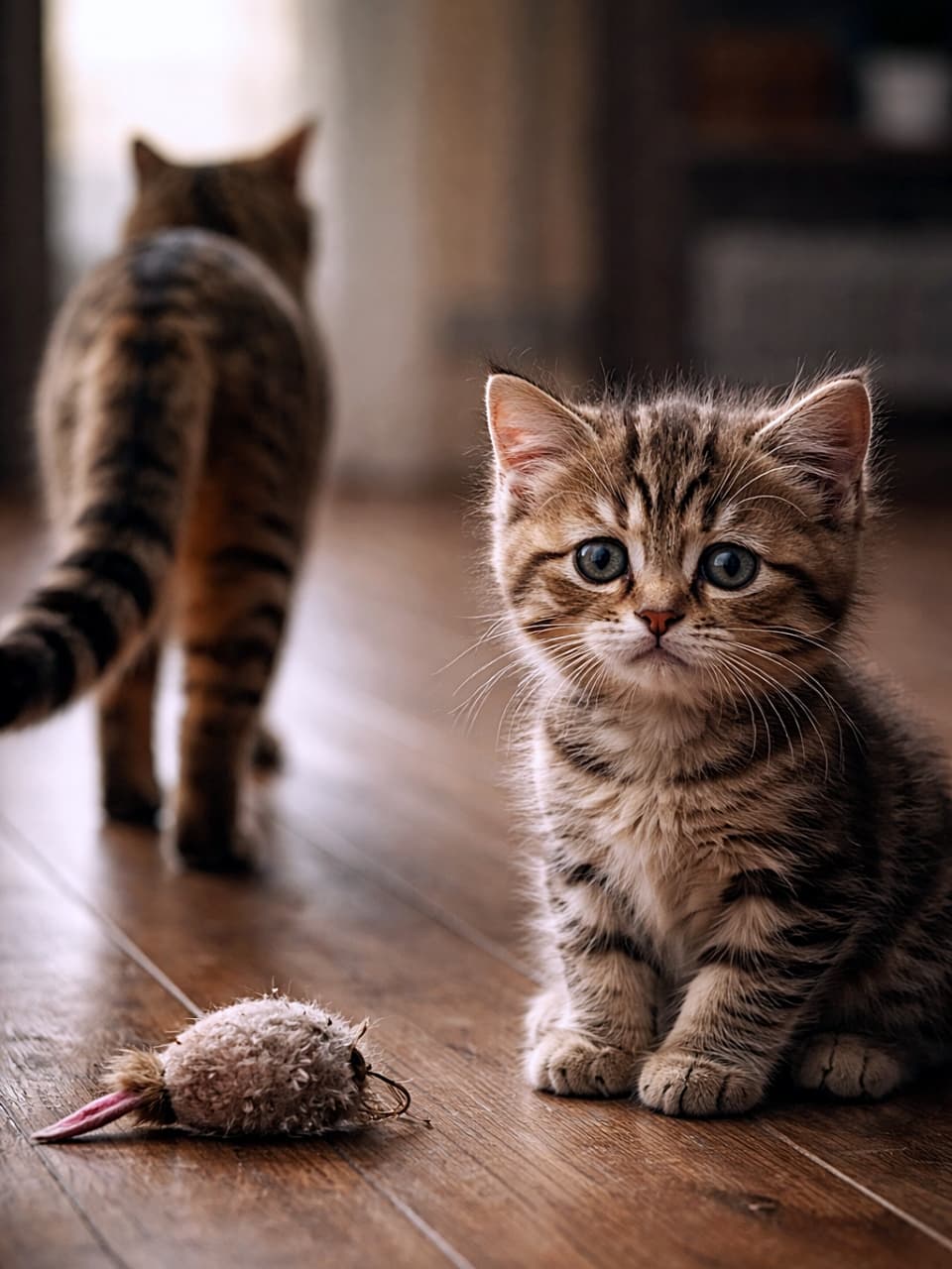 「「それ…ぼくのだったのに。」小さな失恋、静かな木の床で発生中」A heartbroken tabby kitten sitting on a wooden floor, looking sadly at a larger cat walking away with the toy it was just playing with, cinematic lighting, photorealistic. 木の床に座り、さっきまで遊んでいたおもちゃを大きな猫に持っていかれ、切なそうに見つめる子猫。シネマティックな光の演出