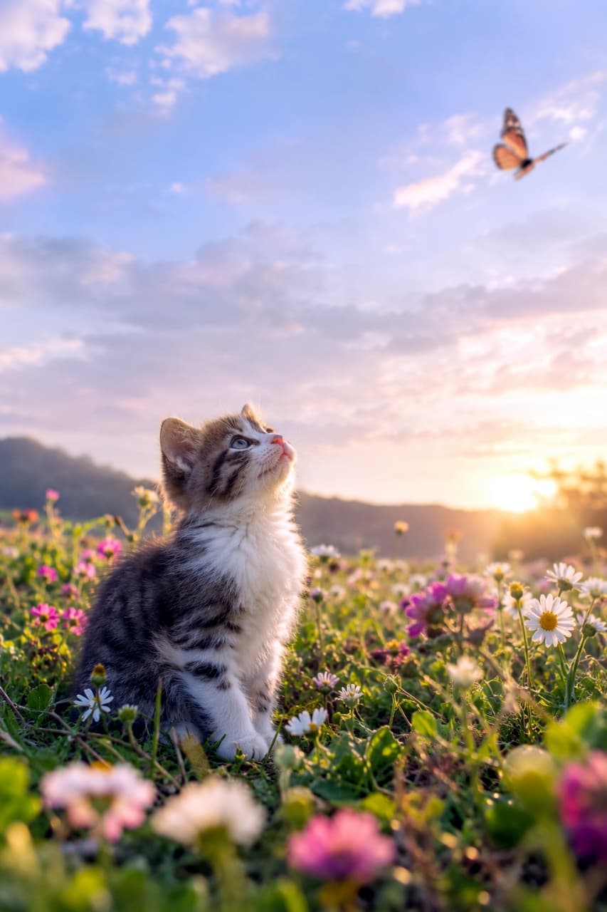 「あ、飛んでいっちゃった…🐾夕暮れの花畑で蝶々を見送る切なげな横顔が絵本の一ページのように美しいね、のんびりとした夕方のひととき🌇✨」Ultra-realistic high-quality photograph of a small tabby and white kitten sitting in a meadow filled with wildflowers during sunset, looking up longingly at a butterfly flying away into the warm, cloudy sky. Cinematic golden hour lighting highlights the kitten's fur and the surrounding flowers. ヒナギクやシロツメクサが咲く夕暮れの野原にちょこんと座り、空へ飛び去っていく一匹の蝶を少し残念そうに見上げているキジトラ白の小さな子猫。夕焼けの温かな逆光が子猫の被毛の輪郭を照らし出し、色とりどりの花々と美しい空のグラデーションが広がっている