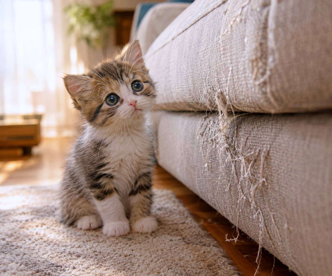 「いけないことだったのかな……？🐾ボロボロになったソファの横でじっと見つめる表情に、思わず見入っちゃうね✨」Ultra-realistic high-quality photograph of a tiny tabby and white kitten sitting on a rug beside a beige fabric sofa with severely scratched, frayed threads. The kitten tilts its head slightly and looks up with wide, innocent, sad eyes. Soft, warm indoor natural light illuminates the scene, highlighting the detailed fur texture, the frayed fabric of the couch, and the emotional mood. 糸が大きくほつれて傷ついたベージュの布張りソファの横にちょこんと座り、 首をかしげながら上をじっと見つめているキジトラ白の幼い子猫。丸く大きな黒目と下がった眉のような模様、ピンク色の小さなお鼻、柔らかい毛並みがリアルに描写されている。ラグの質感や、窓から差し込む暖かい自然光が部屋全体を包み込み、子猫の無邪気さと戸惑いが混ざったような表情を印象的に引き立てている