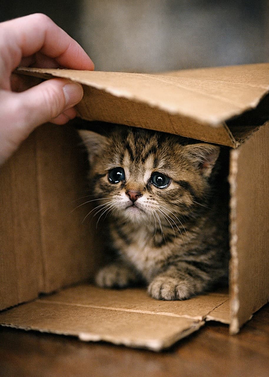 「段ボールでひっそりかくれんぼ中の子猫。見つかって「もうバレたの？」とちょっと切ないお顔🐾」A startled and sad kitten hiding inside a cardboard box looks up as a human hand opens the flaps, ending its hide-and-seek game. かくれんぼ中に段ボール箱のふたを開けられ、驚いて悲しそうな表情を見せる子猫
