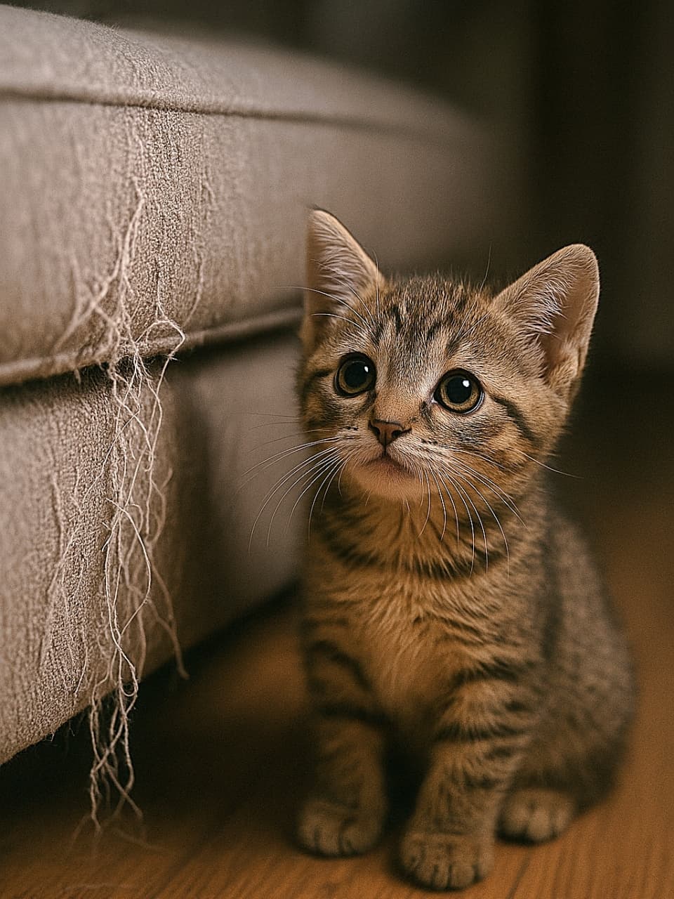 「ソファの糸、ちょっとだけほつれちゃった…。でもこの顔で見上げられたら怒れない！「ダメだったの？」って聞いてるみたいな子猫🐾」A small tabby kitten sitting beside a sofa with frayed threads from scratching, looking up with wide, innocent and slightly sad eyes. 引っかいて糸がほつれたソファの横で、無邪気で少し悲しそうな目で見上げる小さなキジトラの子猫