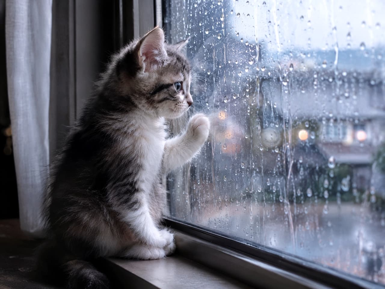 「雨のお外をじーっと見つめて……早く晴れてお散歩に行けるといいね🐾そっと寄り添いたくなる午後☔️✨」Ultra-realistic high-quality photograph of a small, fluffy tabby and white kitten sitting on a wooden windowsill, pressing its single front paw against a rain-streaked glass window. The kitten looks out with a lonely, melancholic expression, captured in cinematic soft lighting against a blurred, rainy street background with gentle light bokeh. 窓辺の木製シルにちょこんと座り、雨粒が滴るガラス窓に片手をそっと押し当てて外を眺めるキジトラ白の小さな子猫。どこか寂しげで切ない表情を浮かべ、小さな耳や柔らかくふんわりとした被毛、澄んだ瞳がリアルに描写されている。窓の外にはしっとりと濡れた街並みと柔らかな街灯の光がボケて広がり、室内には静けさと哀愁を帯びたシネマティックな光が差し込んでいる