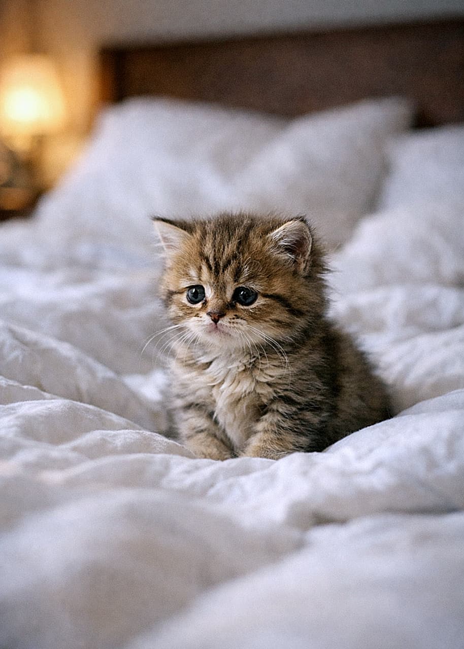「「ん…あれ？みんなどこ行ったの？」広いベッドで目を覚ましたふわふわ子猫。ちょっぴり寂しそうだけど、その表情がまた愛おしい瞬間🐾」A fluffy kitten sitting alone on a large bed, looking around with a confused and lonely expression after waking up. 大きなベッドの上で目を覚まし、母猫やきょうだいがいないことに気づいて戸惑いながら座っている子猫