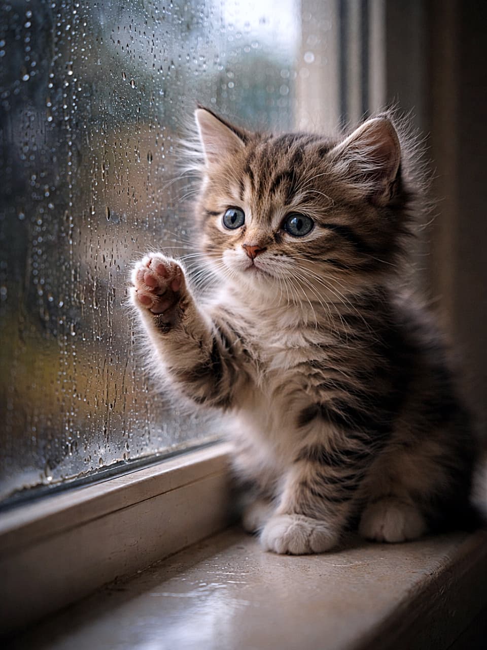 「雨の日はちょっとだけセンチメンタルにゃ☔🐾」A fluffy tabby kitten sitting on a windowsill, pressing one paw against a rain-covered window while gazing outside with a lonely, melancholic expression. Soft cinematic lighting and shallow depth of field create an emotional, intimate mood. 窓辺に座ったふわふわのキジトラの子猫が、雨に濡れたガラスに片足を当てながら、切なげな表情で外を見つめている。柔らかなシネマティックライティングが感情的な雰囲気を演出している