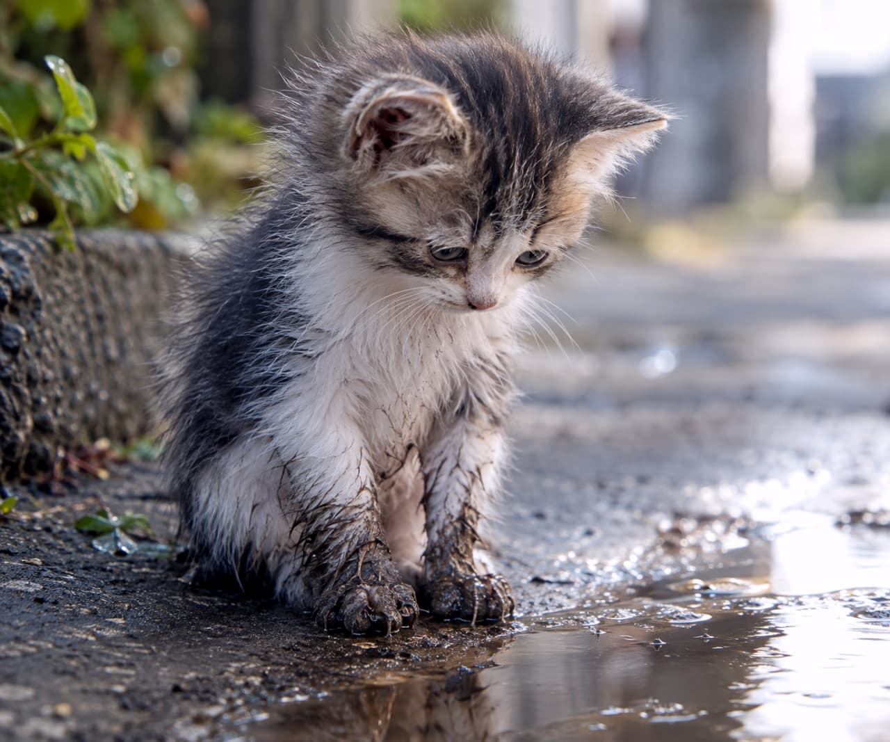 「あぁ、おててが泥だらけになっちゃった…🐾水たまりを覗き込んでショックを受けている雨上がりの一コマ☔️✨」Ultra-realistic high-quality photograph of a small, disheveled tabby and white kitten sitting on rough pavement, staring down at its front paws coated in mud and water from a puddle. The photo features natural cinematic lighting and a shallow depth of field against a soft-focus urban sidewalk background. 荒れた路上の水たまりの縁に座り、雨水と泥で汚れた自分の前脚をじっと見つめているキジトラ白の小さな子猫。ボサボサになった被毛の質感や、小さなピンク色の鼻先、困惑したような切ない表情がシネマティックな自然光の下で描写されている。背景の舗装路や草むらは柔らかくボケている