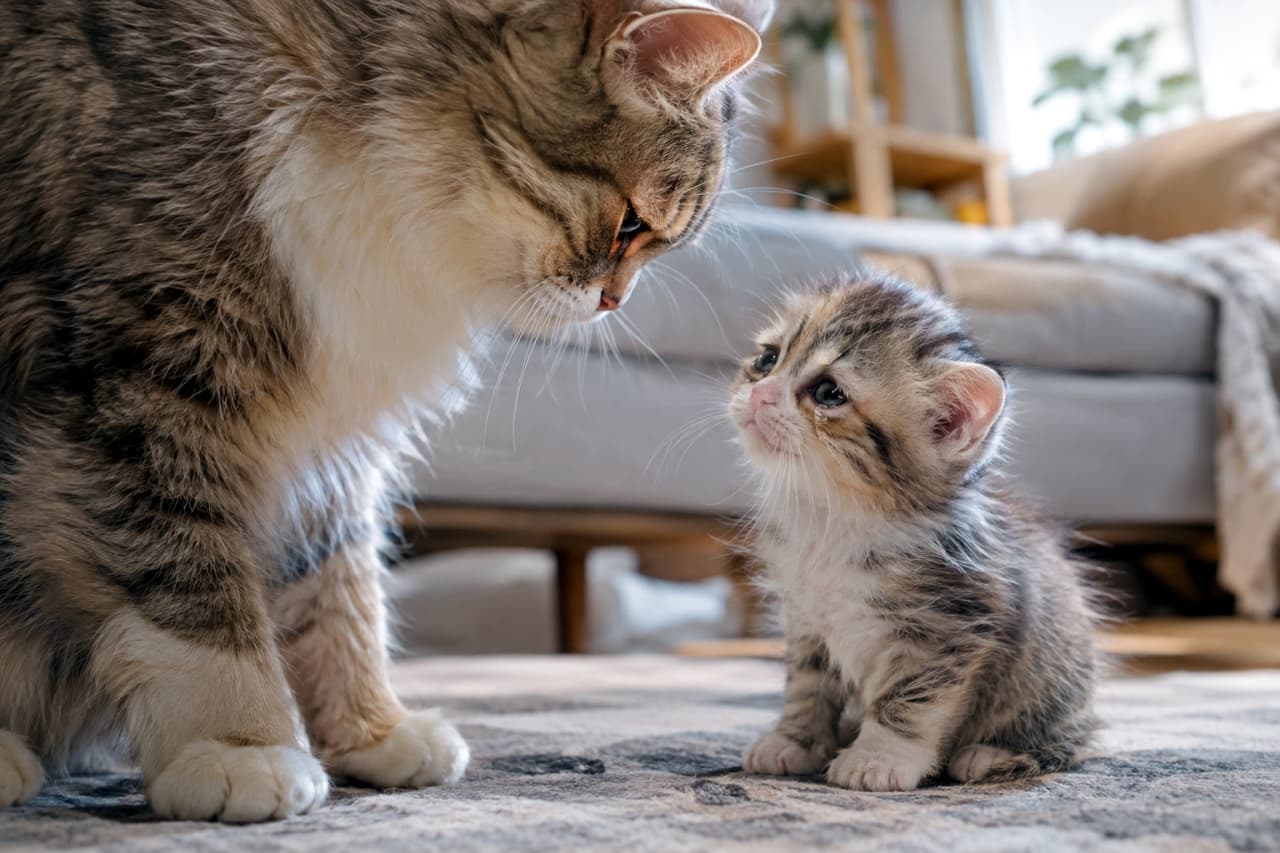 「ごめんなさいの気持ち、伝わったかな……？母猫のやさしさと子猫の反省顔に、思わず手が伸びちゃいそう🐾」Ultra-realistic high-quality photograph of a tiny, fluffy tabby kitten with tearful, remorseful wide eyes sitting on a rug, looking up sorrowfully at its mother cat leaning down toward it. The subtle hair textures, delicate whiskers, and emotional eye expression are rendered in exquisite detail against a soft-focus cozy living room background bathed in warm natural sunlight. 居間のラグの上に座る2匹の猫。左側には体を低くして優しく問いかけるような姿勢をとるキジトラ柄の大きな母猫が位置し、右側には涙を浮かべたような大きな瞳で母猫を健気に見上げる小さなキジトラ白の子猫が位置している。子猫は反省したような切ない表情を浮かべ、細やかな被毛の質感や繊細なひげ、潤んだ目がリアルに描写されている。背景にはソファや居間の家具が柔らかくボケて広がり、室内を暖かく包み込む自然光が親子のシルエットと表情を情緒的に浮かび上がらせている