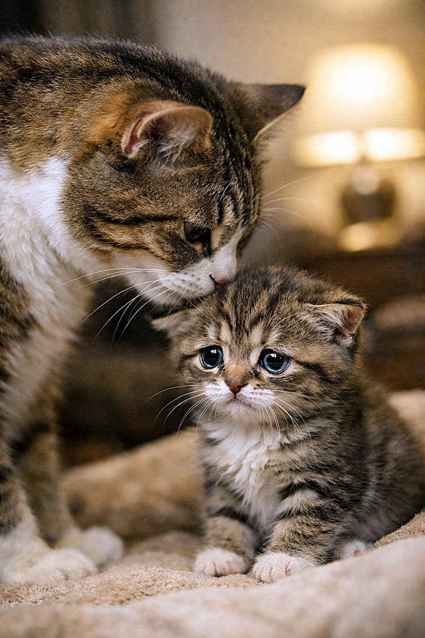 「ママにしょんぼり注意中…反省顔も可愛すぎる件🐾」A photorealistic image of a small kitten with wide, tearful eyes looking remorseful as its mother cat gently scolds it in a cozy living room. Warm cinematic lighting and soft focus create an emotional atmosphere. 居心地のよいリビングで、母猫にやさしく叱られ、涙目で反省した表情を見せる小さな子猫のフォトリアルな画像。暖かいシネマティックな光とソフトフォーカスが感情的な雰囲気を演出している