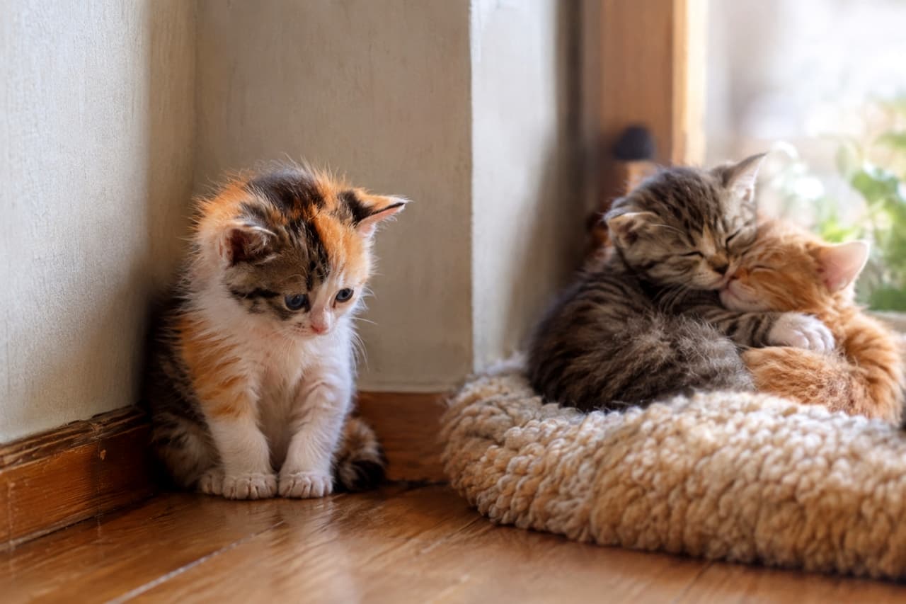 「仲間に入りたいな……🐾ポツンと寂しげな三毛猫ちゃんと寄り添うきょうだいたちに思わず手を差し伸べたくなるね✨」Ultra-realistic high-quality photograph of three kittens in a cozy room. In the foreground left, a small calico kitten sits alone in a corner, looking down with a sad, melancholic expression. To the right on a soft cushion by the window, two sibling kittens—one tabby and one orange—are happily cuddling together. Soft natural light illuminates the room, creating a poignant and emotional scene. 部屋の壁際で1匹ポツンと座り、悲しげに下を見つめている小さな三毛猫（キャリコ）の子猫。その右側奥の窓辺に敷かれた柔らかいクッションの上では、キジトラ柄と茶トラ柄の2匹のきょうだい子猫が互いに体を寄せ合って幸せそうに寄り添い合っている。合計3匹の表情や毛並み、位置関係がリアルに描写され、窓から差し込む優しい自然光が部屋全体と子猫たちの毛並みを包み込んでいる