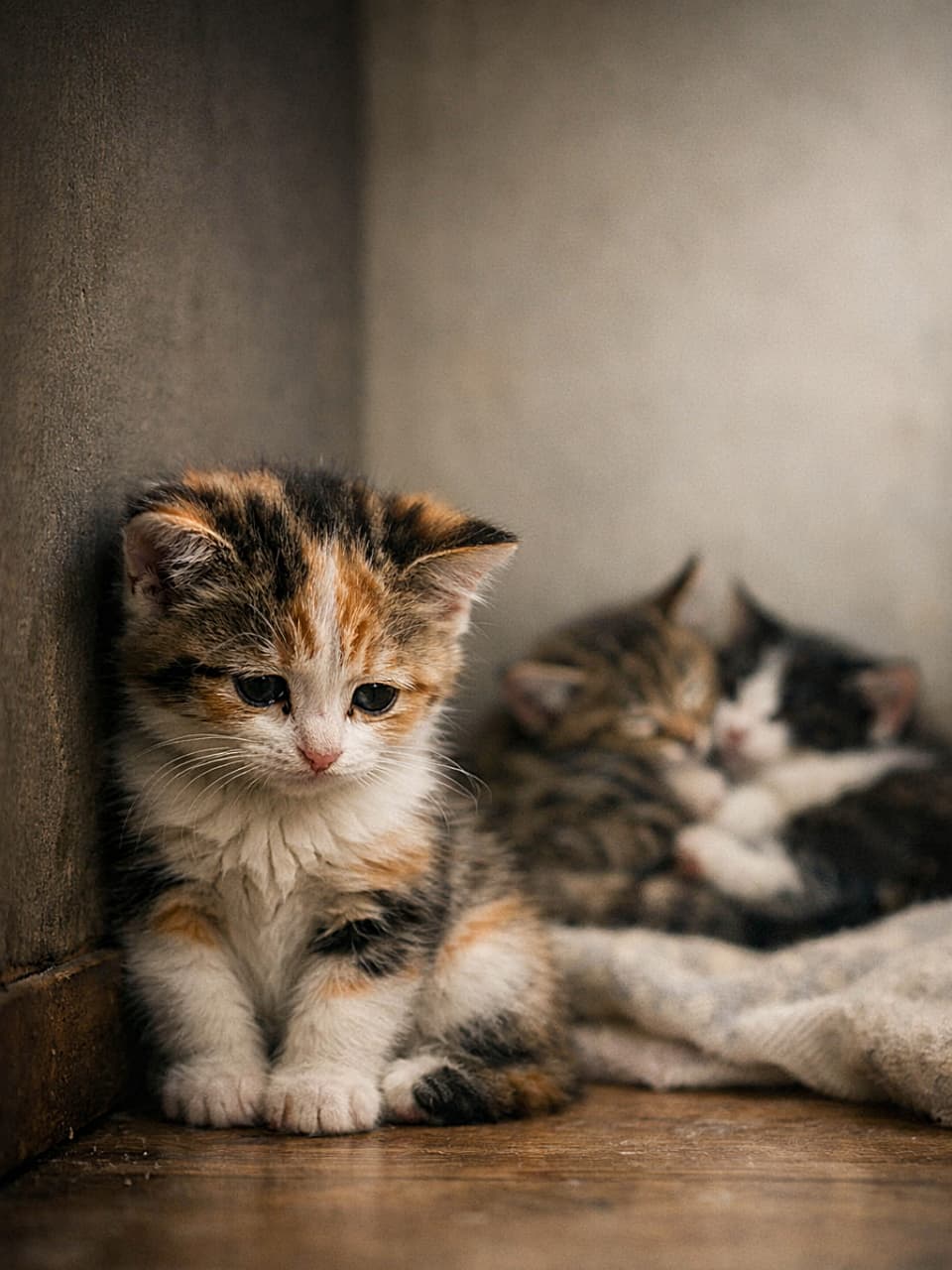 「「ま、負けたにゃ…」隅っこ反省会中。でもまた一緒に遊ぶんだもん🐾」A small calico kitten sitting alone in a corner looking sad after losing a play-fight, while its two siblings cuddle happily together in the background. Photorealistic, cinematic lighting, soft focus. じゃれ合いに負けて部屋の隅でしょんぼり座る小さな三毛猫の子猫。背景では兄弟猫2匹が仲良く寄り添っている、フォトリアルなシーン
