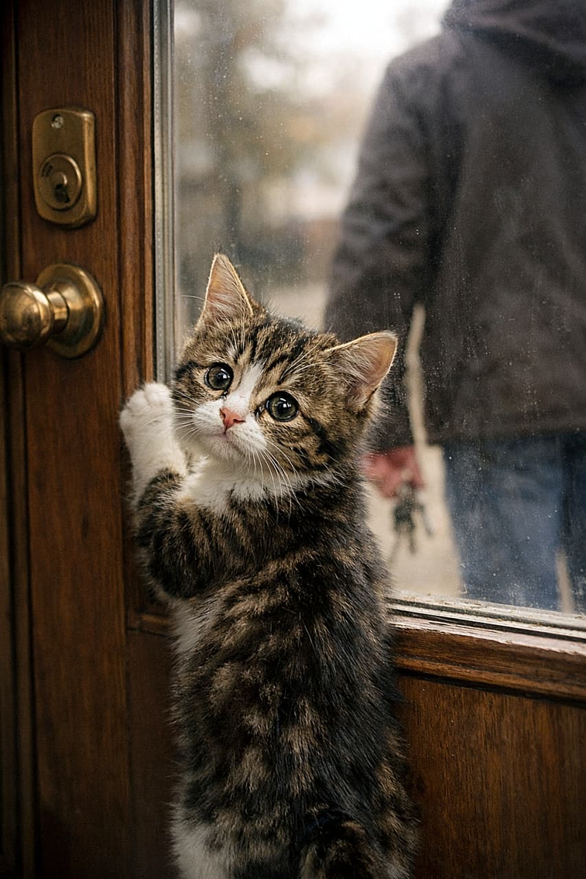 「「行っちゃうの…？」玄関ドアにちょこんと前足をかけて、切ない目で見つめる子猫。こんな顔されたら外出を5分くらい延期したくなるかも🐱」A small kitten stands on its hind legs with its paws on a front door, looking back with a sad, pleading expression as its owner leaves, captured in soft cinematic light. 玄関ドアに前足をかけて立ち上がり、外へ出ていく飼い主を切なそうな表情で見つめる子猫の写真