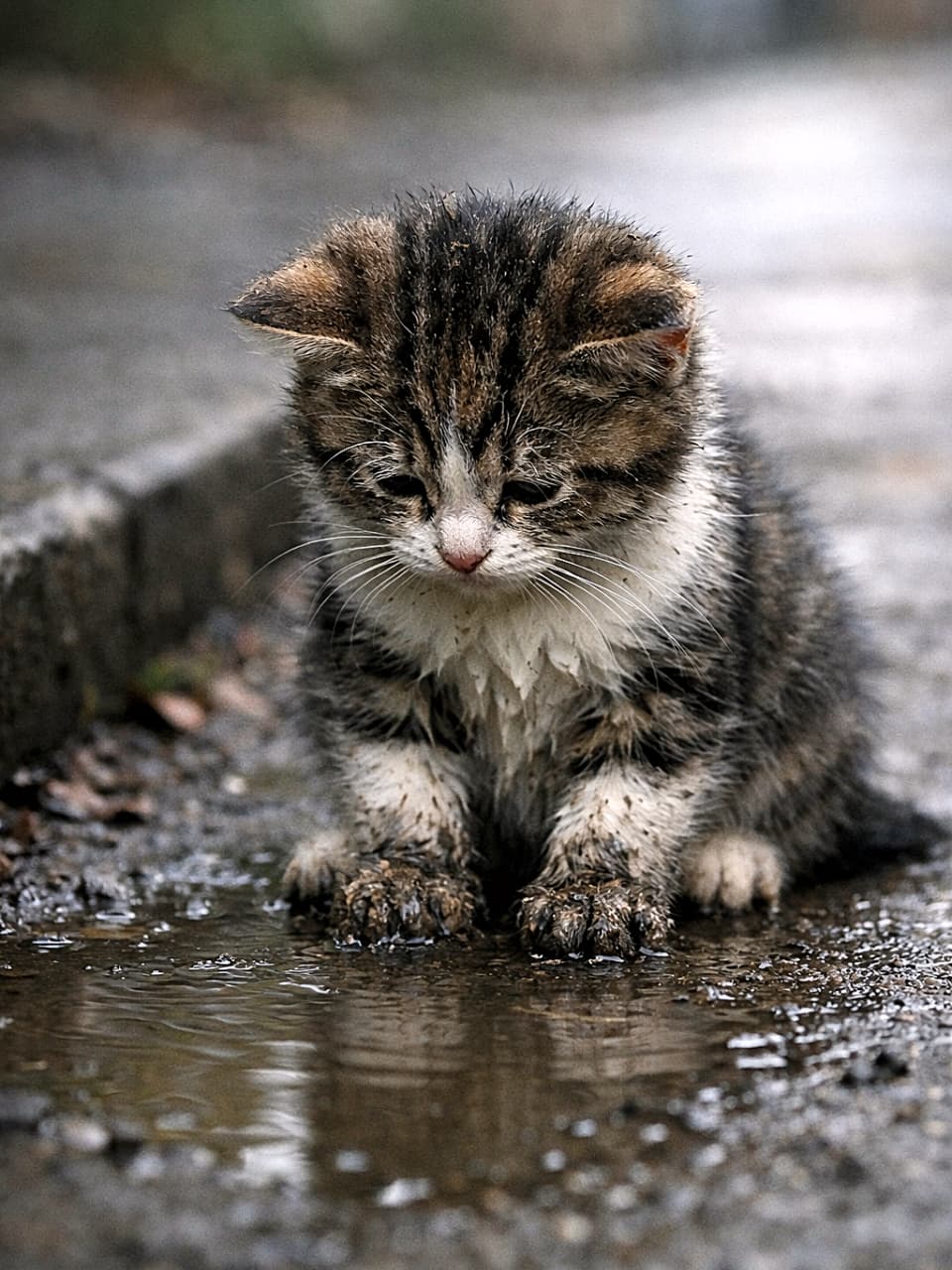 「やっちゃった…ぬかるみにダイブした小さな冒険家🐾」A small tabby-and-white kitten with muddy, wet paws sitting on a sidewalk, staring sadly at the puddle it just stepped into. Photorealistic, cinematic lighting, high detail. 泥で濡れた前足の子猫が歩道に座り、今踏んでしまった水たまりを悲しそうに見つめている様子。フォトリアルでシネマティックな光