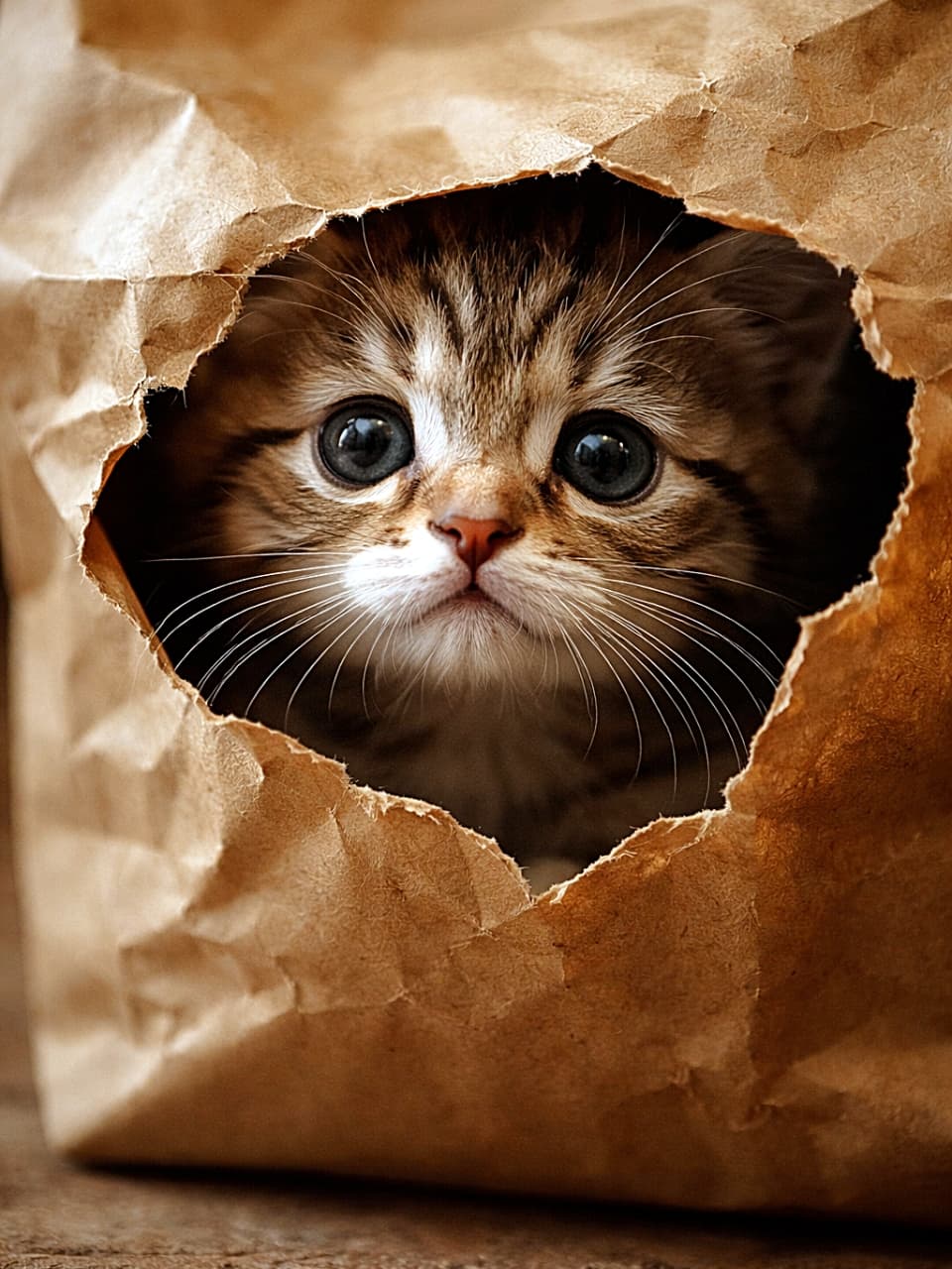 「え、出られない…？紙袋トラップにハマった子猫の切ないおめめ🐾」A small tabby kitten with a sad, confused expression peeking out from a torn hole in a brown paper bag, cinematic soft lighting, photorealistic detail. 茶色の紙袋の破れた穴から、困ったような少し怖がった表情で顔をのぞかせる子猫。シネマティックな柔らかい光のフォトリアル画像