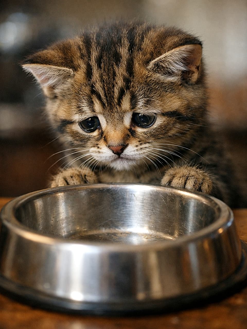 「「えっ…もうないの？」空っぽのお皿をのぞき込んでしょんぼり顔の子猫。ごはんタイムのはずが、まさかの空振りで小さなドラマ発生中🐱🥣」A sad tabby kitten peering into an empty metal food bowl with a disappointed expression. 空っぽの金属の餌皿をのぞき込み、がっかりした表情を浮かべる子猫