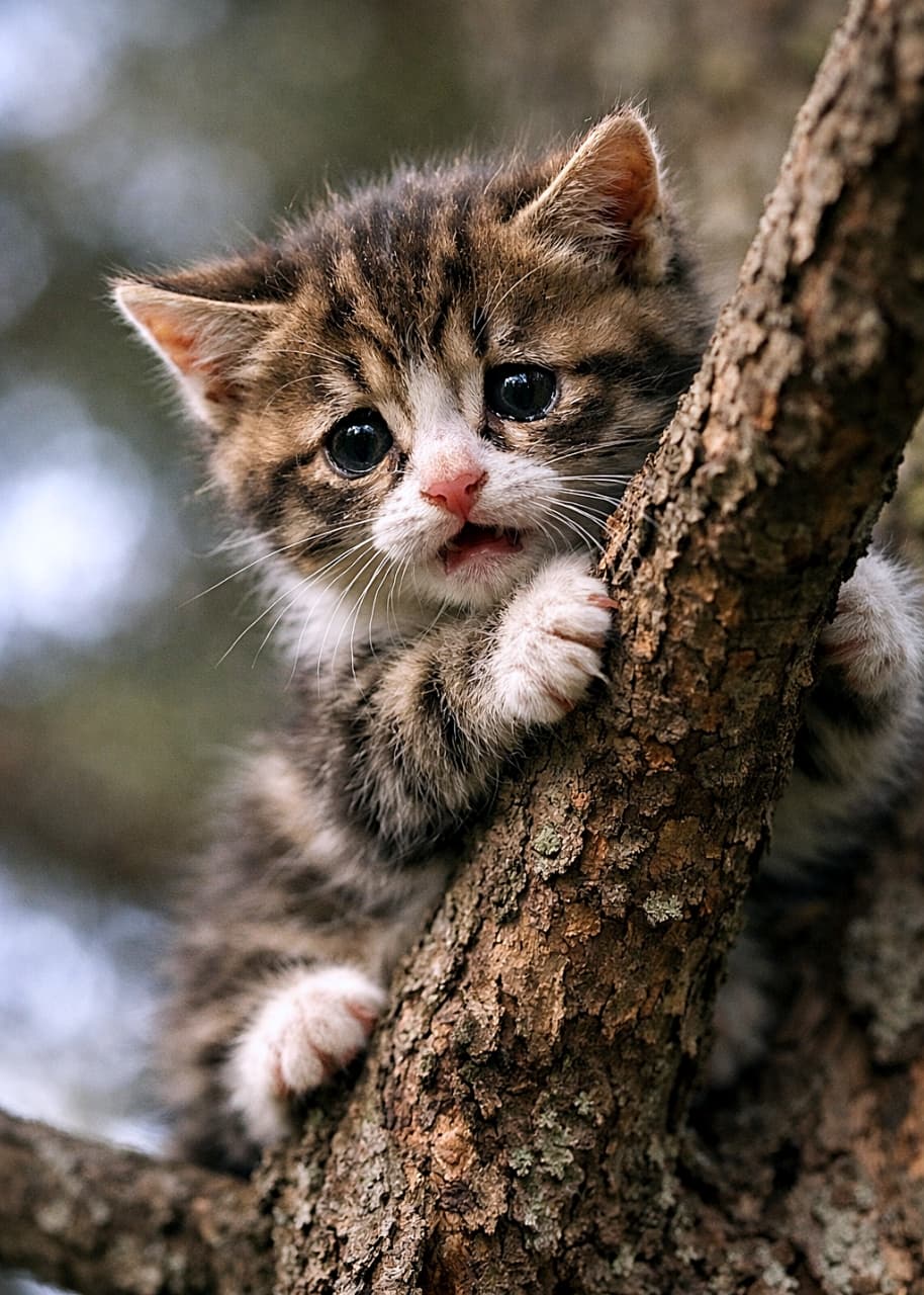 「高い木の枝にしがみついて固まる子猫。下を見るとちょっと怖い…でも大丈夫、きっと誰かが助けに来てくれるよ。がんばれちびにゃん！🐾」A scared kitten clinging to a high tree branch, looking down with wide, fearful eyes and softly crying because it is too afraid to climb down. 高い木の枝にしがみつき、下を見て怖がりながら降りられずに小さく鳴いている子猫