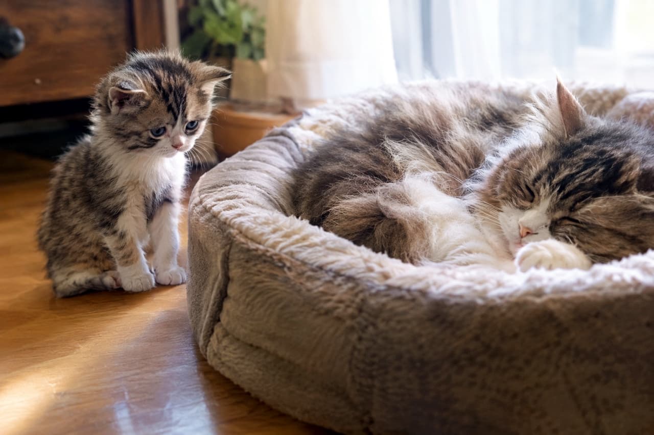「ボクのお気に入りのベッドなのに……🐾すやすや眠るお兄ちゃんを前に途方に暮れる顔がたまらなく愛おしい✨」Ultra-realistic high-quality photograph of two cats in a cozy room. On the right, a large fluffy tabby cat is sound asleep, curled up in a plush round pet bed. On the left, a sleepy, tiny calico-tabby kitten sits on the wooden floor, looking sadly at the bed with a disappointed expression. Soft natural window light illuminates the scene, highlighting the contrast in size and fur textures between the two cats. 室内で撮影された合計2匹の猫。右側の大きなふかふかのペットベッドの中では、フワフワとした毛並みを持つ長毛のキジトラ白の大猫が丸くなって気持ちよさそうに熟睡している。その左側の床の上には、スコティッシュフォールド風の小さな三毛・キジトラ白の子猫がちょこんと座り、眉をひそめて悲しげな困り顔でベッドを見つめている。窓辺からの柔らかな自然光が室内を包み、フローリングやベッドのファブリック感、2匹の毛並みの対比が鮮明かつシネマティックに描写されている