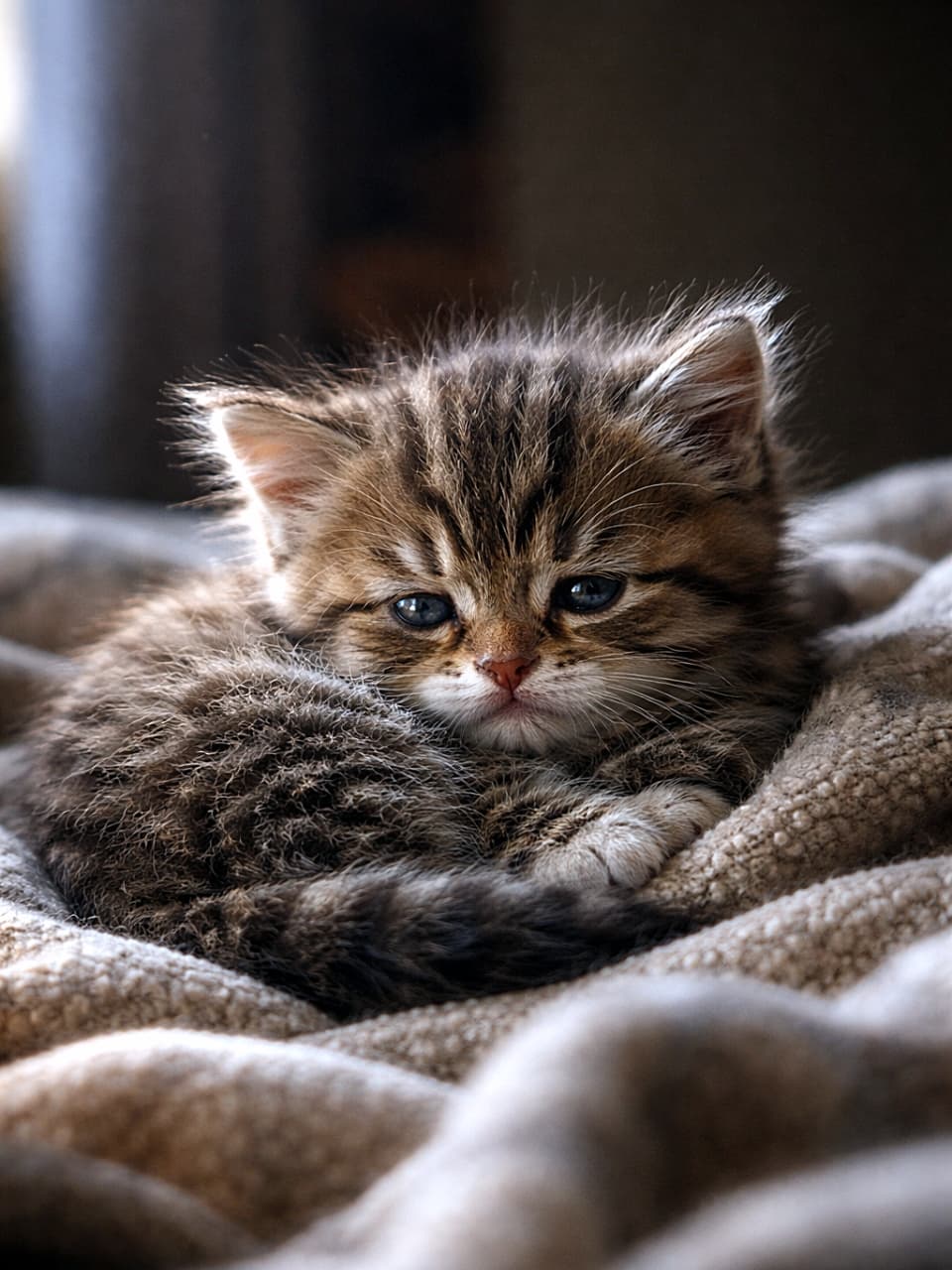 「突然の物音で起こされて、まだ眠たい子猫さん。ブランケットの上で「なんなの…」とちょっと不機嫌な表情がたまらない一枚🐱」Sleepy grumpy kitten curled up on a soft blanket after being suddenly woken by a noise, photorealistic close-up 突然の物音で起こされて不機嫌そうにブランケットの上で丸くなる眠そうな子猫