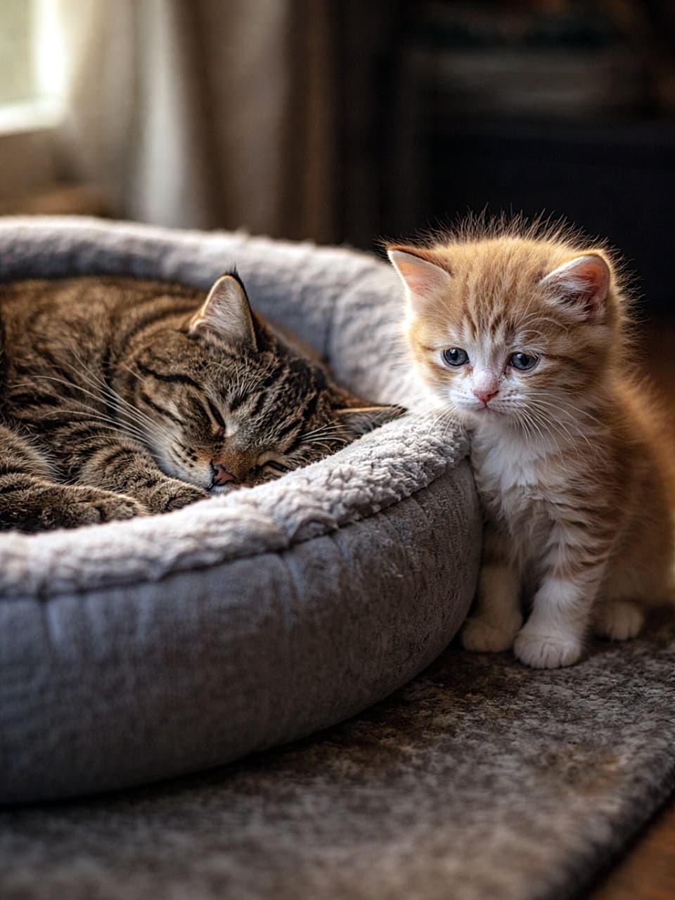「ねぇそこ、ぼくの特等席なんだけど…🥺でも起こせないやさしい夜」A sleepy orange and white kitten stands beside its soft gray bed, looking sadly at a larger tabby cat peacefully sleeping and taking up all the space. Warm cinematic lighting with soft focus. お気に入りのグレーのベッドの横で、場所を取られて悲しそうに見つめる小さな茶白の子猫と、ぐっすり眠る大きなキジトラ猫。暖かいシネマティックな光