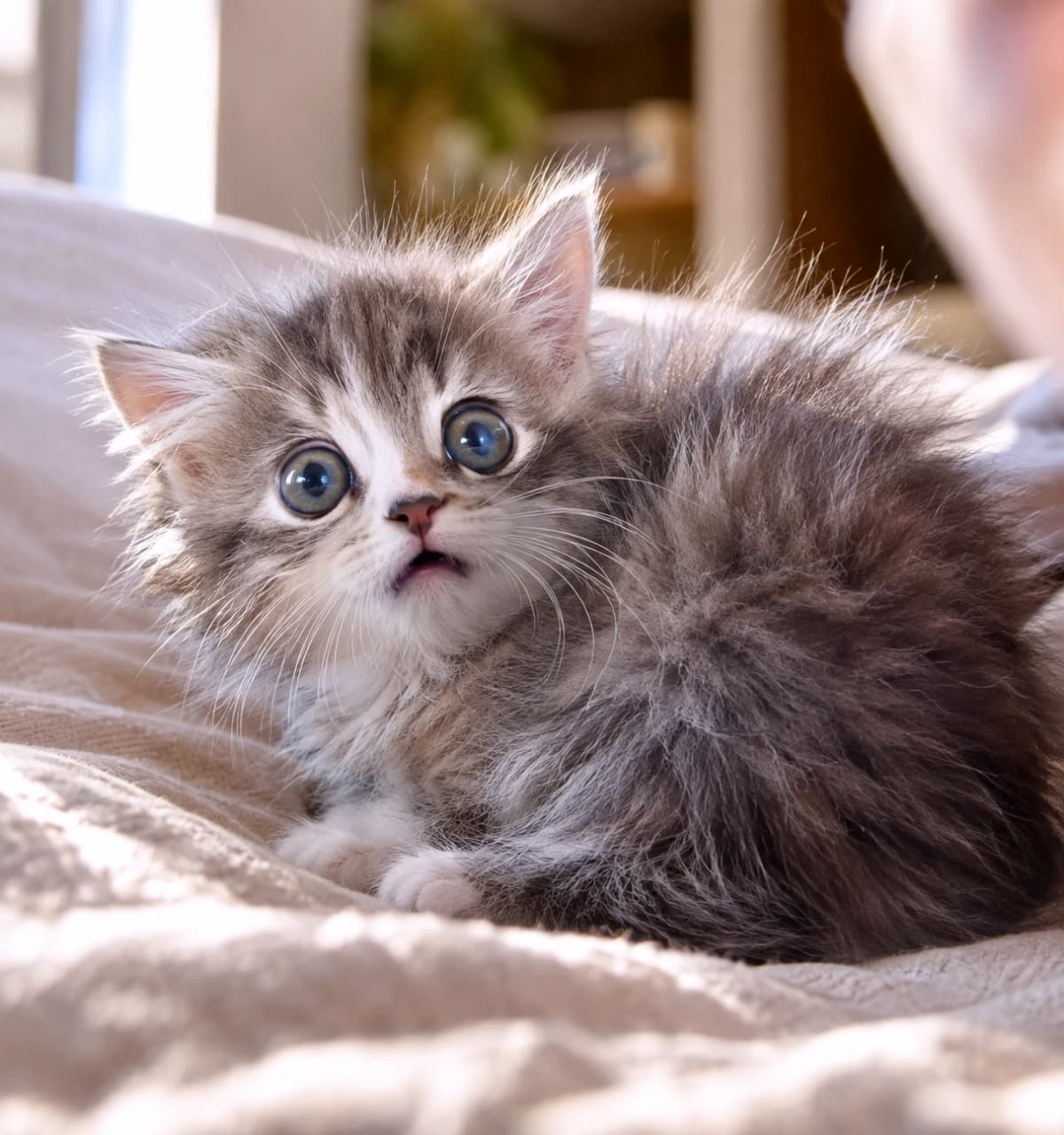 「びくっ…！何事？！🐾突然のハプニングに毛をふくらませて驚く姿に、日常のリアルな一瞬が詰まってるね✨」Ultra-realistic high-quality photograph of a small, fluffy tabby and white kitten startled awake on a beige fabric surface. The kitten's fur is slightly puffed up from shock, and it gazes upward with wide, disbelieving eyes and an open mouth. Soft backlighting illuminates the edges of its fur, creating a cinematic and emotional atmosphere in a cozy home environment. 柔らかなベージュのファブリックの上に座り、突然の大きな物音に驚いて全身の毛を逆立てている長毛種のキジトラ白の幼い子猫。目を大きく見開き、口を少し開けて呆然とした表情で上を見つめている。逆光気味の自然光が毛先を黄金色に照らし出し、ふわふわとした被毛の質感や繊細なひげ、透き通るような青灰色の瞳がリアルかつ立体的に描写されている