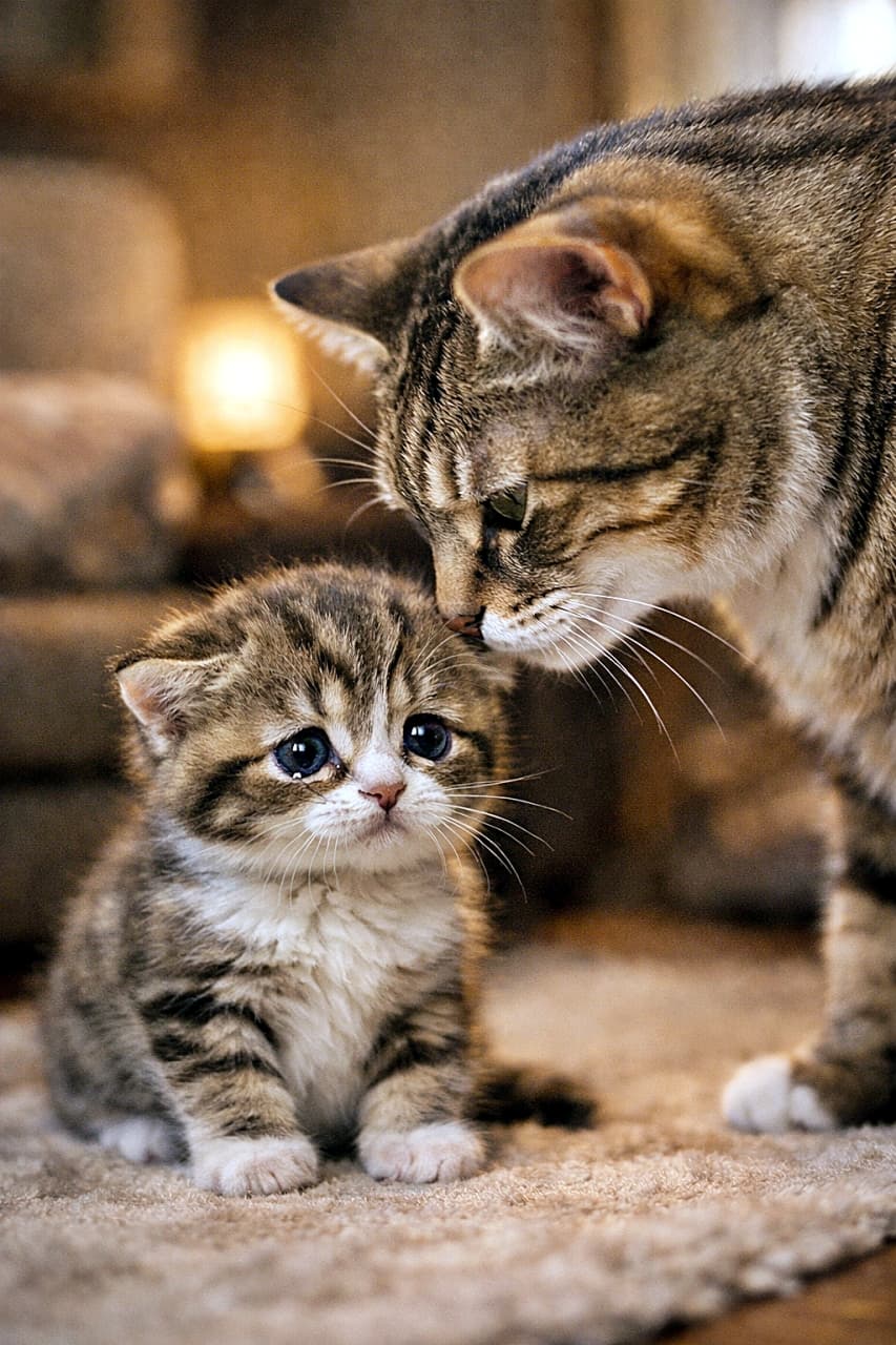 「ちょっぴり反省中。ママの視線がやさしくて、余計に胸にくる子猫なのでした🐾」A small kitten with wide, tearful eyes being gently scolded by its mother cat in a cozy living room, captured in a photorealistic and emotional scene. 居心地のよいリビングで、母猫にやさしく叱られ、涙目でしょんぼりする小さな子猫の情景