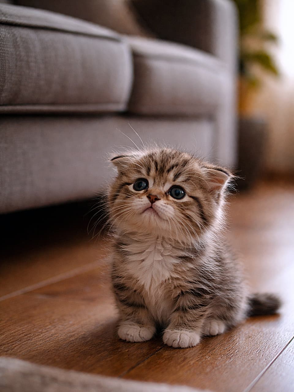 「ジャンプ失敗…でもその顔は反則級の可愛さ🐾」A tiny fluffy kitten sitting on a wooden floor, looking up sadly at a sofa it failed to jump onto, with slightly drooped ears. Photorealistic, soft cinematic lighting. ソファに飛び乗れず、少し垂れた耳で見上げる小さくふわふわの子猫。木の床に座り、切なげな表情をしている