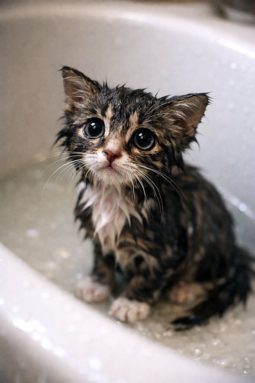 「お風呂タイムは聞いてないにゃ…全身びしょ濡れでこの表情🥺🛁」A soaking wet kitten shivering in a white bathtub, looking up with wide, betrayed eyes. Its fur is slicked down, making it appear tiny, fragile, and vulnerable under soft cinematic lighting. 白いバスタブの中でずぶ濡れになり震えながら、裏切られたような大きな瞳で見上げる子猫。濡れた毛が張り付き、小さく無防備に見える情景