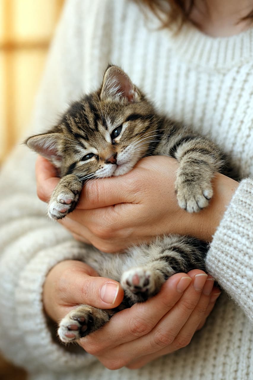 「両手にすっぽり収まる、完全オフモードの子猫さん。ぬくもりと安心感が、そのまま伝わってきます」Ultra-photorealistic baby kitten resting limply in two gentle hands against a soft knit sweater, tiny paws drooping, warm shoji light and shallow depth of field. 柔らかなニットの上で、両手に優しく支えられ脱力して眠る子猫。小さな前足が垂れ、障子越しの暖かな光に包まれている