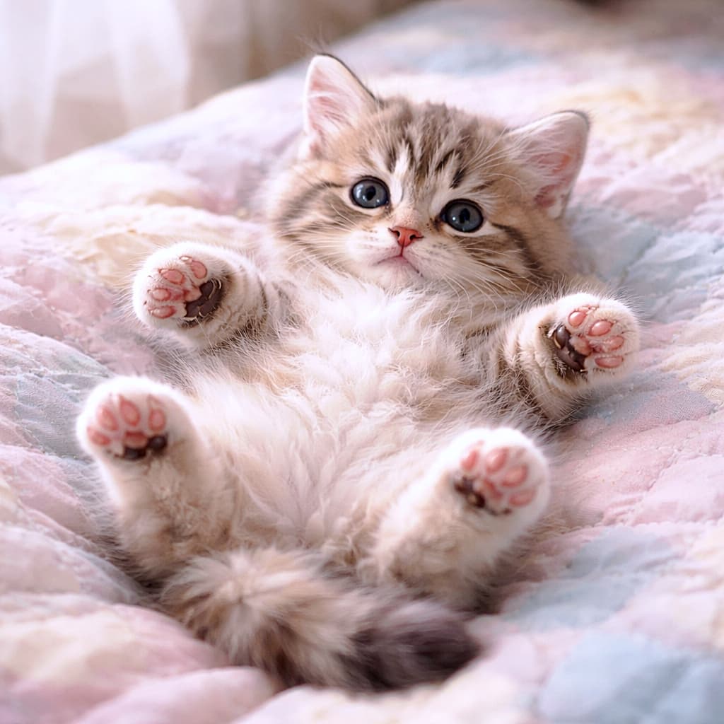 「おなか全開、ぬいぐるみ化した瞬間。朝の光にとろける無防備子猫🐾」Photorealistic kitten lying belly-up on a pastel quilted blanket, four paws flopped open, soft morning window light highlighting fluffy fur and pink paw pads. パステル調のキルトの上で仰向けになり、四本の足を投げ出して寝転ぶ子猫。朝の柔らかな光に包まれたふわふわの毛並みと肉球