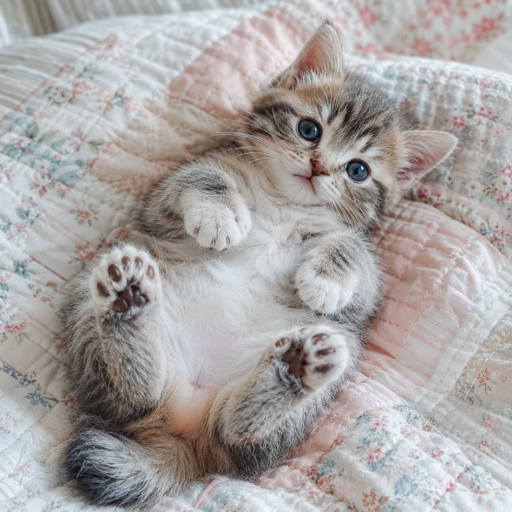 「肉球、見せちゃうにゃ🐾パステルカラーのブランケットに包まれて、上目遣いの最強おねだりポーズ! #肉球 #子猫のいる生活」Ultra-realistic high-quality photograph of a fluffy tabby and white kitten lying on its back on a pastel pink and white floral patchwork blanket. The kitten stares up with wide, clear blue-gray eyes, curling its front paws close to its chest, with its tiny dark paw pads adorably exposed. ピンクや白の可愛らしい花柄のパッチワークブランケットの上で、仰向けになって両前足を丸めているキジトラ白(スコティッシュフォールド風の丸顔)の長毛種風の子猫。大きなブルーがかった瞳でこちらを見つめており、小さくてチョコレート色の可愛い後ろ足の肉球がハッキリと見えています
