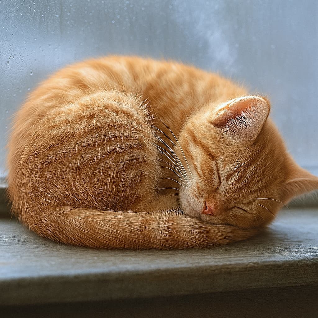 「寒い窓辺で、ぴったりドーナツ寝。しっぽまであったかそうな冬の子猫 ❄️🐾」A ginger kitten sleeping curled into a perfect donut on a cold windowsill, tail wrapped around its body, frosted glass and soft condensation behind, calm winter atmosphere. 冷えた窓辺で体を丸くし、しっぽを抱えて眠る茶トラの子猫。凍ったガラスと結露が冬の静けさを感じさせる