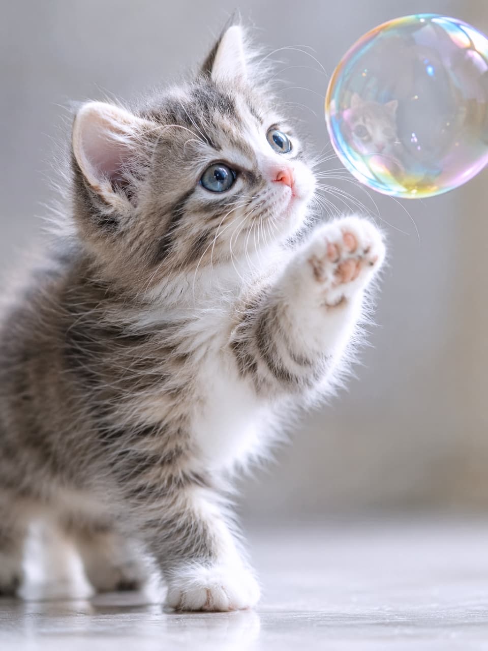 「虹色のシャボン玉と目が合ったよ！おててを伸ばしてタッチできるかな🐾✨」Ultra-realistic high-quality photograph of an adorable grey and white tabby kitten with striking blue eyes, reaching its paw mid-air toward a floating iridescent bubble. The kitten's delicate whiskers, pink nose, and soft fur texture are captured in sharp focus, with a faint reflection of the kitten visible on the curved surface of the bubble against a clean, soft-focus background. 柔らかいグレーとホワイトの縞模様を持つアメリカンショートヘアまたはミックスの子猫が、目の前に浮かぶ色鮮やかな虹色のシャボン玉に向かって小さな肉球を見せながら片手を伸ばしている瞬間。透き通る青い瞳とピンク色の小さなお鼻、繊細な被毛の質感がリアルに表現され、シャボン玉には子猫の姿が映り込んでいる。明るく清潔感のある背景の中で、温かな自然光が全体を優しく包み込んでいる
