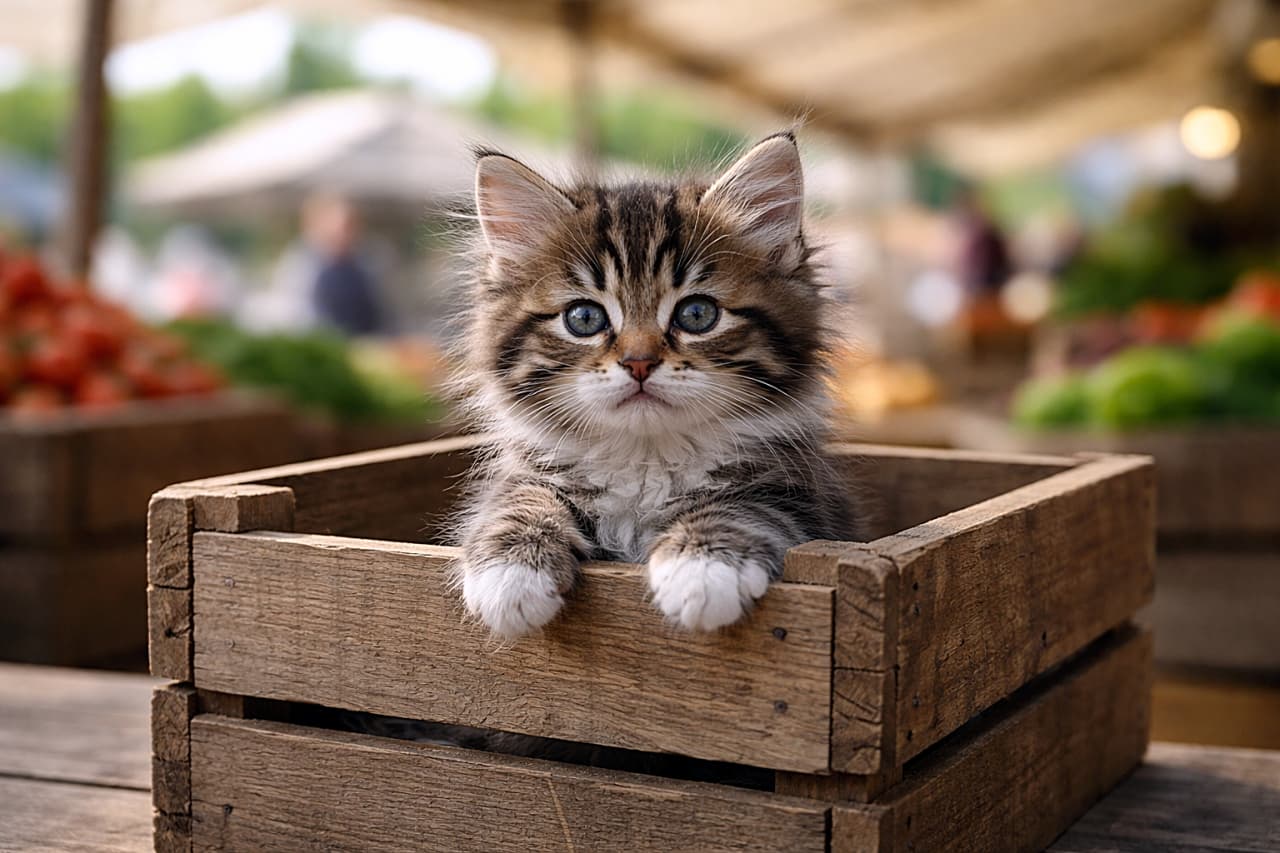 「木箱の中が、今日いちばん誇らしい場所。市場の片隅で見つけた、ちいさな看板ねこ🐾」A tiny kitten perched inside a shallow wooden produce crate, paws resting over the edge, whiskers spread wide, photographed in soft outdoor market shade with natural colors. 浅い木製の青果用木箱にちょこんと収まる子猫が、前足を縁にかけて誇らしげに座っている。屋外市場のやわらかな日陰で、自然な色合いと木目、ひげの広がりがリアルに写っている