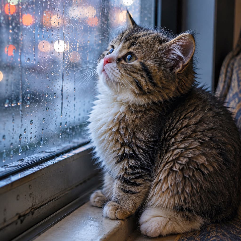 「雨の音を聞きながら、お外をじーっ。キラキラ光る街の明かりに、何を思っているのかな?☔️✨ #雨の日の過ごし方 #シネマティック #猫のいる暮らし #子猫」Ultra-realistic high-quality photograph of a fluffy tabby kitten sitting by a rainy window pane covered in water droplets. The kitten gazes out at a city twilight with beautiful colorful bokeh lights from streetlamps and traffic, captured in a moody, cinematic blue atmosphere. たくさんの雨粒がついた窓ガラスのそばに座り、外の景色を見つめるキジトラの長毛種風のふかふかした子猫。窓の外には都会の夜景や車のライトが美しい玉ボケとなって赤やオレンジに輝いており、子猫のどこか切なげで美しい横顔がブルー調のシネマティックな光の中で表現されています