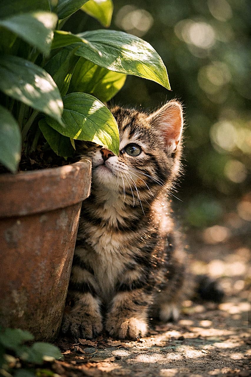 「葉っぱの向こうは未知の世界。そっと匂いを確かめる、好奇心全開の子猫さん🐾」A curious kitten peeking from behind a large potted plant, sniffing a leaf in dappled garden light, with softly glowing fur. 木漏れ日の庭で、大きな鉢植えの陰から葉っぱをくんくん嗅ぐ子猫。毛並みがやさしく光っている