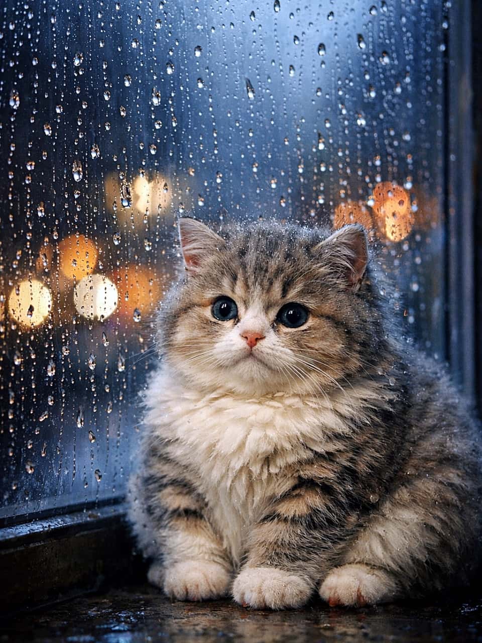 「雨音をBGMに、むっちり子猫が窓辺で物思い中。湿気でふわ毛も最高潮☔🐾」A round kitten sitting by a rainy window, sharp raindrops on glass with city lights bokeh in the background 雨粒が付いた窓辺に座る、丸くてふわふわの子猫。背景には街の光のボケ