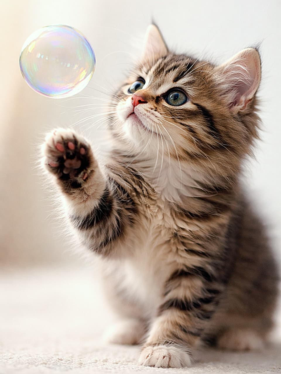 「あとちょっと…！シャボン玉に夢中な子猫の、止まらない好奇心🐾✨」A curious kitten reaching toward a floating soap bubble, paw mid-air, nose forward, with sharp eyes and soft reflections on a clean background. 宙に浮かぶシャボン玉に鼻先を向け、前足を伸ばす好奇心いっぱいの子猫。背景はシンプルで瞳はくっきり