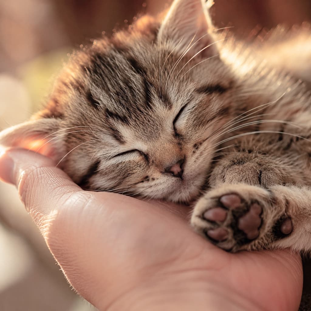 「手のひらサイズの幸せ、見〜つけた。人間の手が1番安心する特等席にゃんだよね…🐾 #手のひらサイズ #尊い #猫のいる暮らし #子猫」Ultra-realistic high-quality photograph of a tiny, newborn-sized tabby kitten sleeping peacefully in the palm of a human hand. Warm, golden backlight accentuates the soft fuzz on its ears, while its small, dark paw pads are detailed beautifully in the foreground. 優しく広げられた人間の大人の手のひらの上にすっぽりと収まり、目を閉じて安心して眠る小さなキジトラの短毛種の子猫。夕暮れ時の柔らかい黄金色の光が猫の背中や耳の産毛を逆光で照らしており、手前にはチョコレート色の小さな肉球がくっきりと写っています