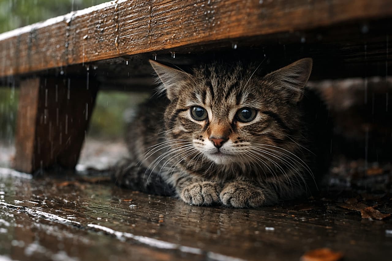 「雨宿りはベンチの下。少し大人になった子猫の、静かな我慢タイム☔️」A 6–8 month old kitten sheltering under a wooden bench during light rain, paws tucked in, ears slightly flattened, with raindrops splashing on wet ground and droplets on its whiskers. 小雨の中、木製ベンチの下に身を寄せ、耳を少し伏せて前足をしまった生後6〜8か月ほどの子猫。濡れた地面に雨粒が跳ね、ヒゲに水滴が付いている